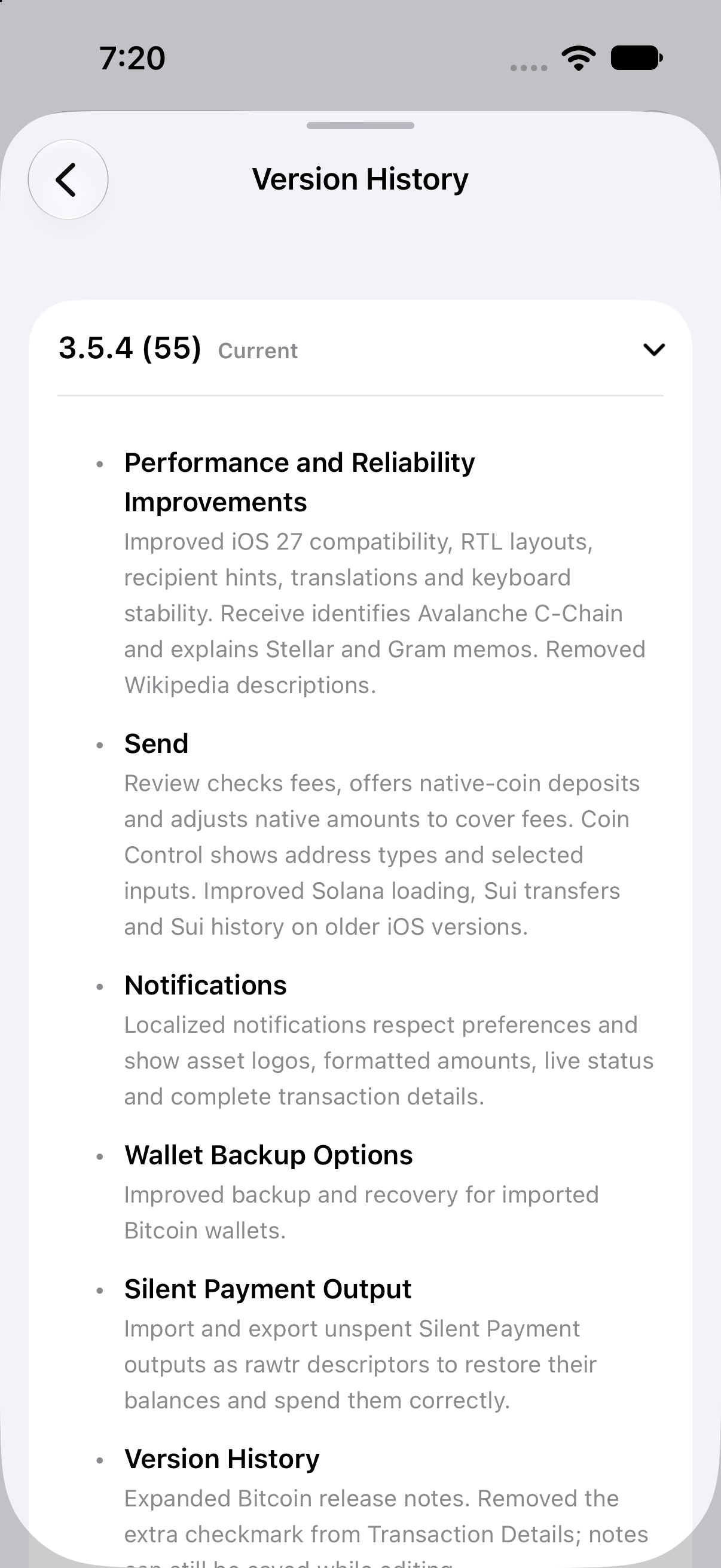 The installed build is identified as 3.5.4 (55). Scroll within Version History to read the remaining notes and earlier builds. Oath Version History expanded for 3.5.4 build 55, with performance, Send, notifications, backup, and Silent Payment recovery notes.