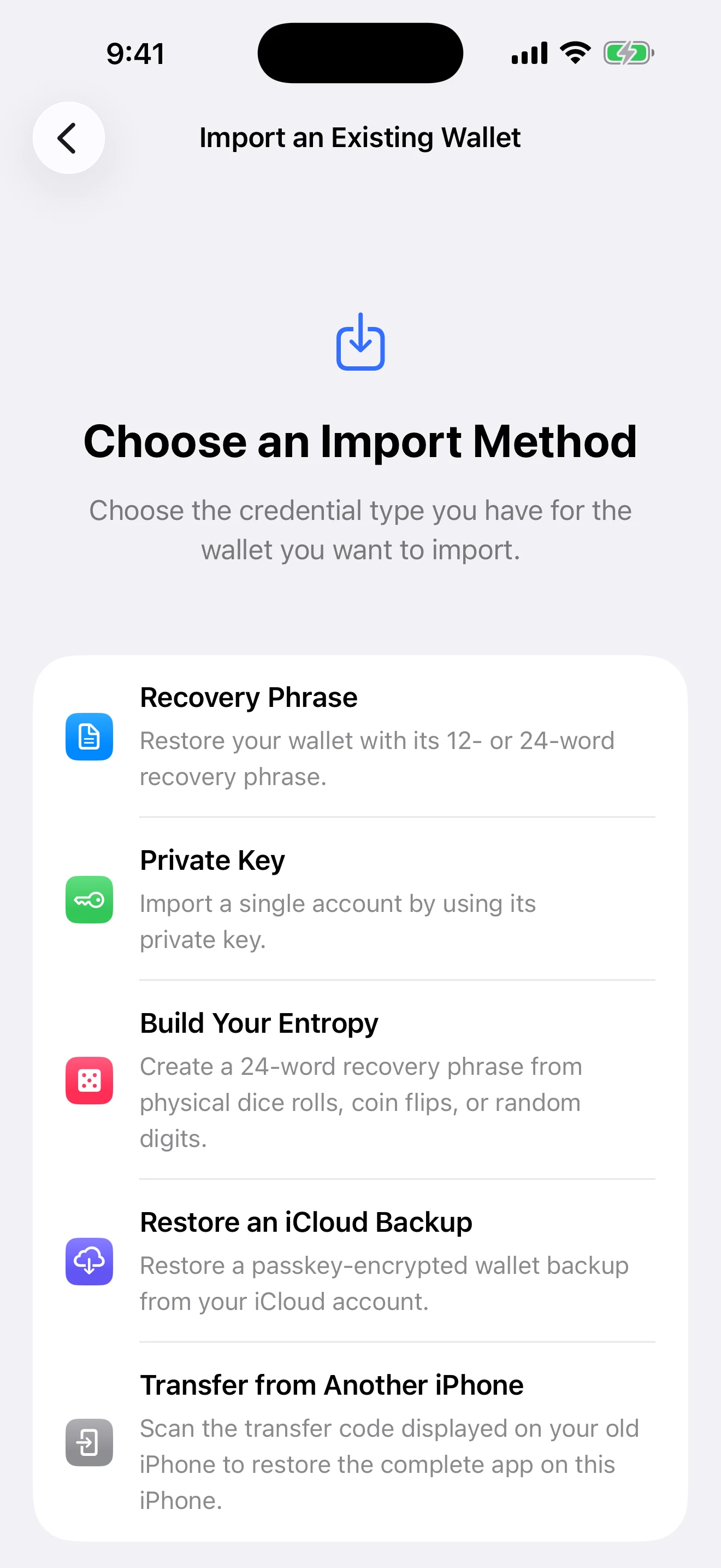 Every import route available on a clean Oath installation Real Oath clean-device import screen showing Recovery Phrase, Private Key, iCloud Backup, and Transfer from Another iPhone