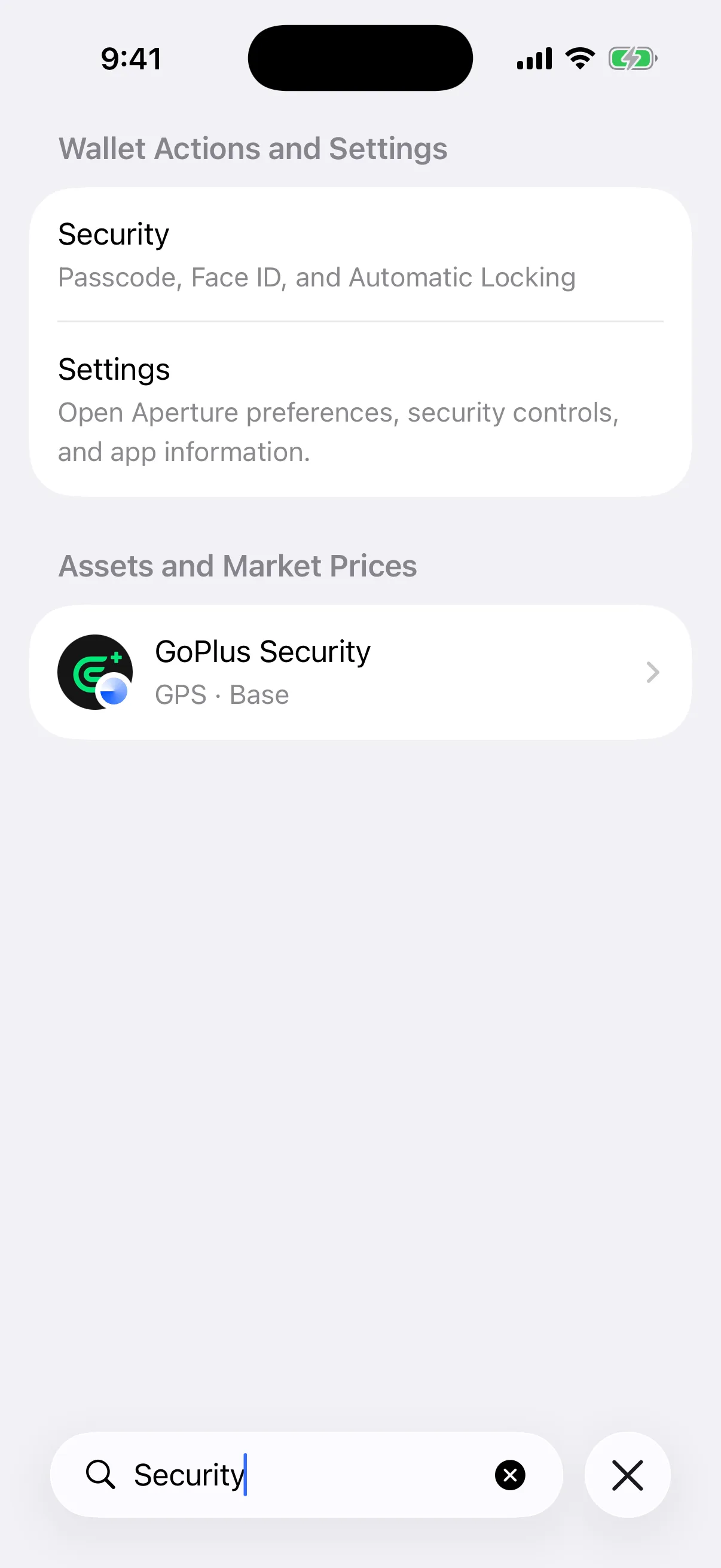 Security as a setting and as part of an asset identity Real Oath Universal Search results in the iOS Simulator for Security across settings and an identity-qualified asset