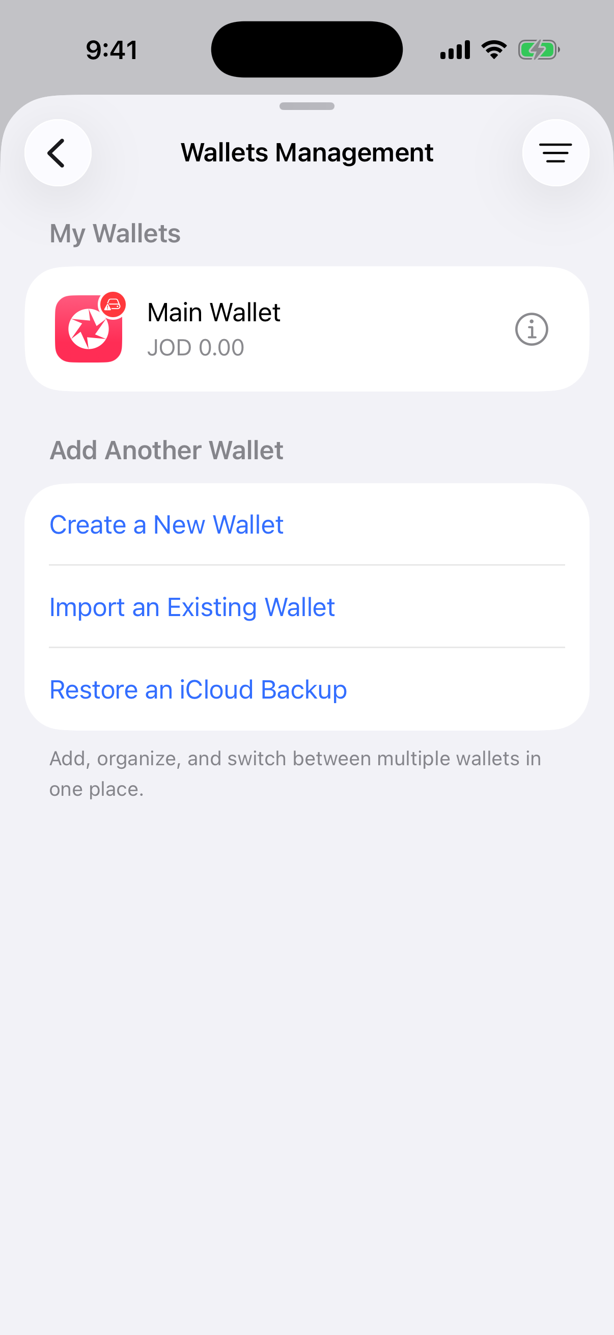 The real Wallets Management restore entry point Oath Wallets Management showing the Restore an iCloud Backup action