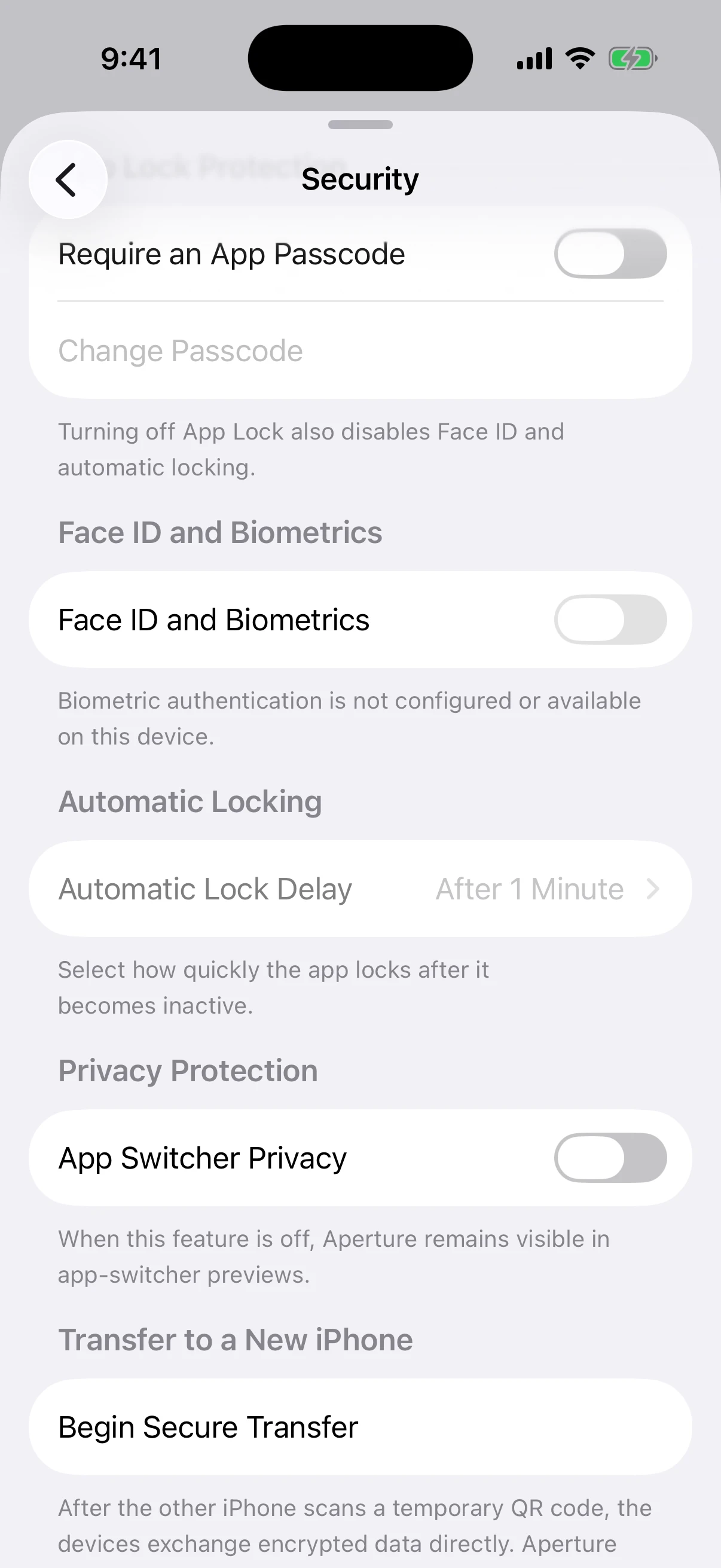 Oath states the serverless transfer boundary in Security settings Real Oath Security screen explaining direct encrypted iPhone transfer without an Oath server upload