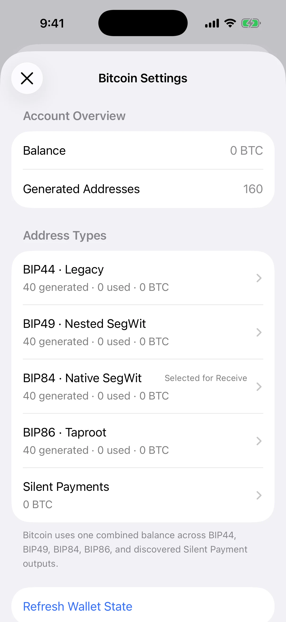 Oath’s complete Bitcoin address pool Real Oath Bitcoin Settings screen in the iOS Simulator showing 160 generated addresses across BIP44, BIP49, BIP84, and BIP86