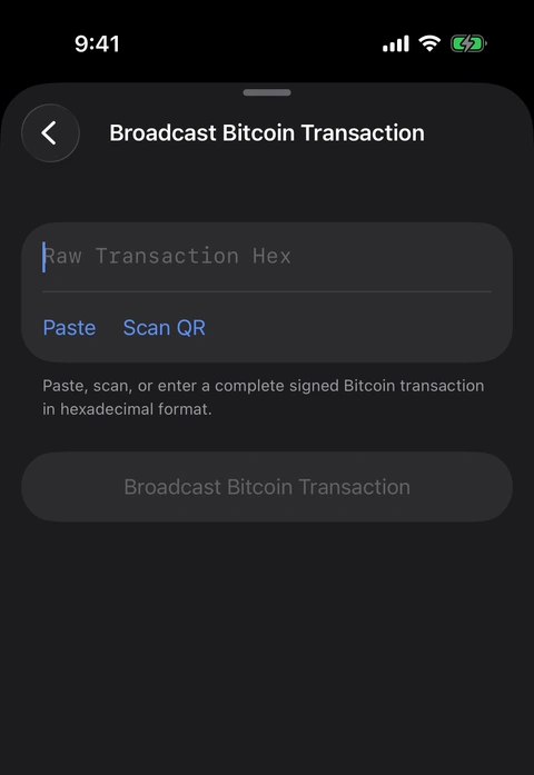 Settings → Tools → Broadcast Bitcoin Transaction. This screenshot contains no signed transaction. The real Oath Broadcast Bitcoin Transaction tool with an empty raw-hex field and a disabled broadcast action.