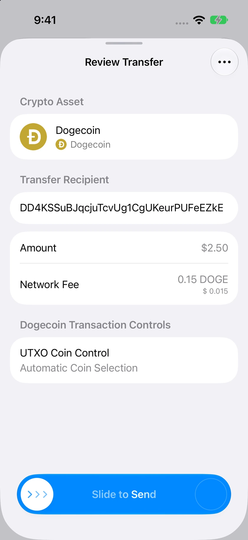 Review Transfer in Oath 3.5.5 with a blue Slide to Send control.