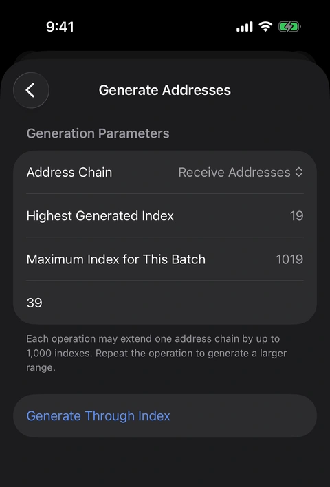 Before generation: this receive chain ends at index 19. The target is inclusive, and the app displays the current batch ceiling. Oath Generate Addresses screen showing highest index 19, batch maximum 1019, and target index 39.