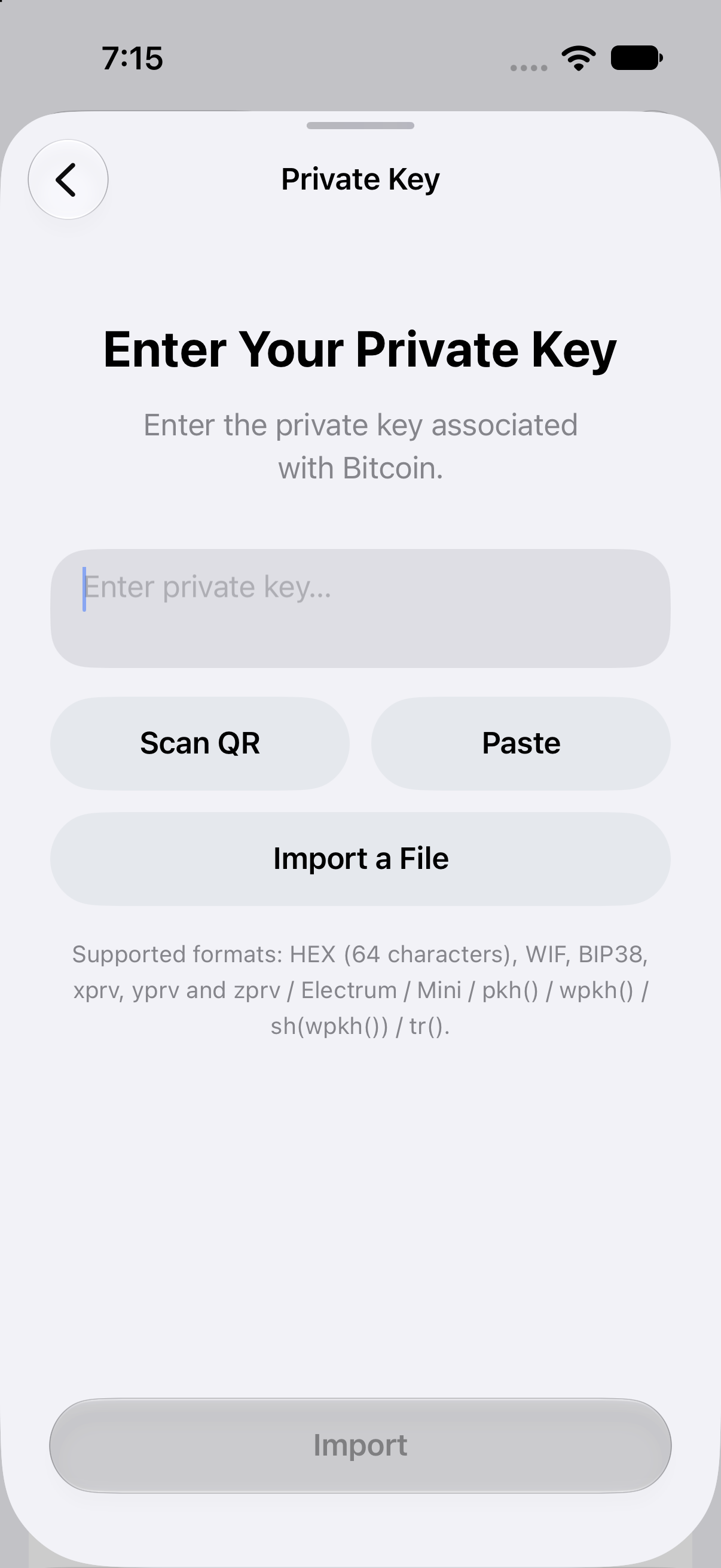 Bitcoin import in Oath 3.5.4 (55). Import a File opens Apple’s Files picker. This demonstration contains no private key. Oath 3.5.4 Bitcoin private-key import screen with an empty input, Scan QR, Paste, Import a File, and supported-format guidance.