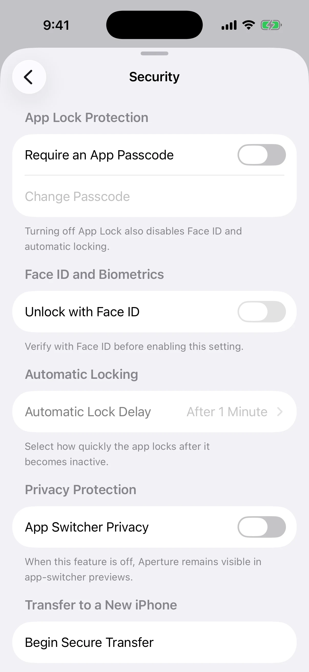 Oath Security settings before App Lock is configured Real Oath Security settings in the iOS Simulator before App Lock and App Switcher Privacy are enabled