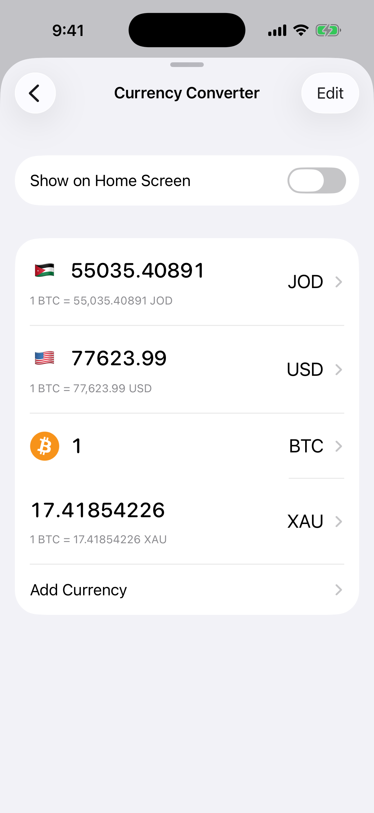 A real Oath Simulator capture of a multi-unit conversion Oath Currency Converter showing one Bitcoin converted to Jordanian dinar, US dollars, and gold
