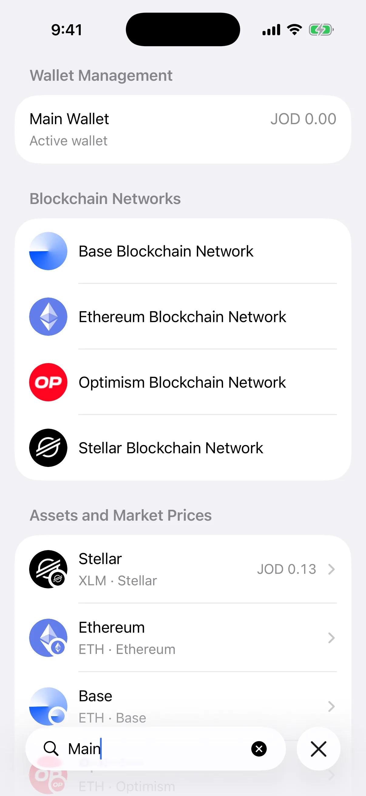 One query spanning the active wallet and mainnets Real Oath Universal Search results in the iOS Simulator for Main, showing the active wallet, mainnet networks, and assets