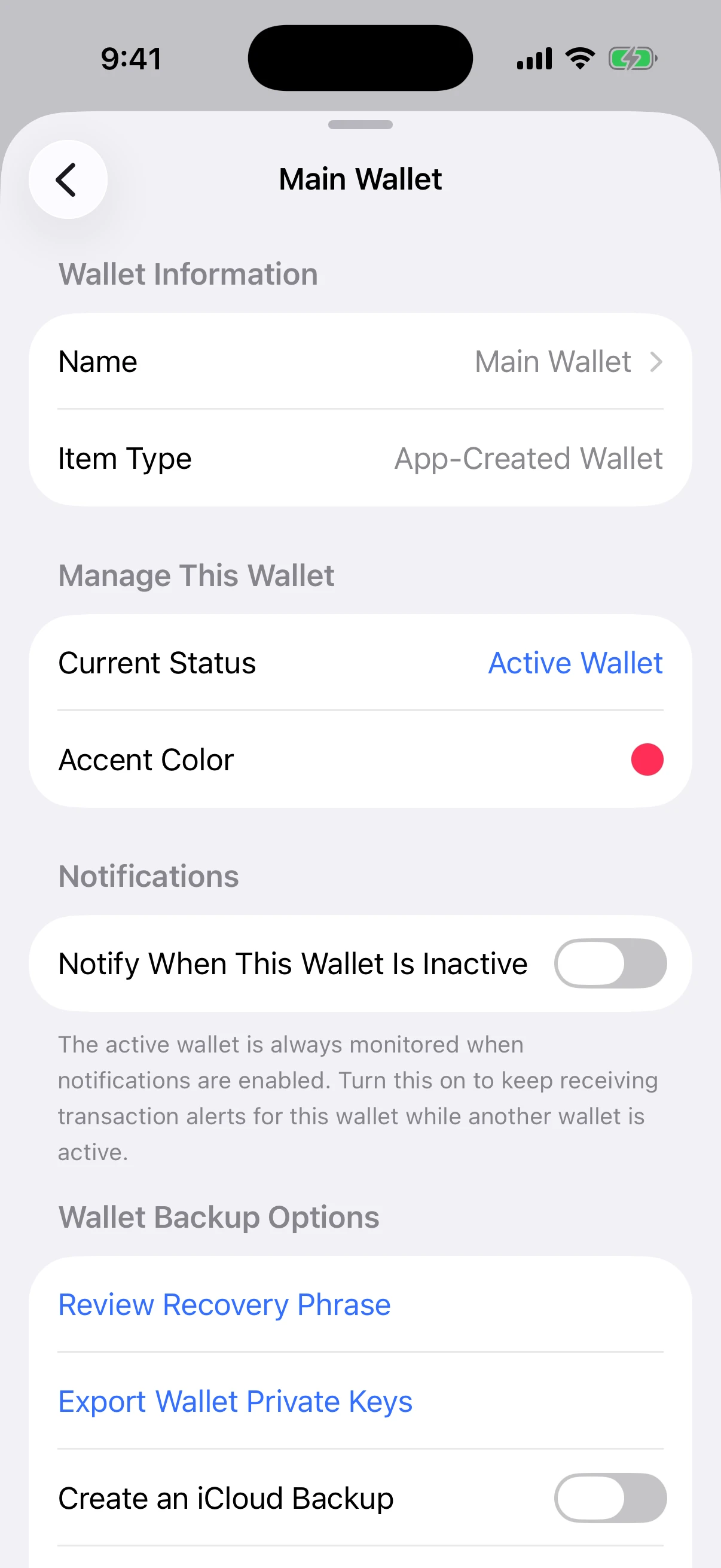 Oath keeps every deliberate exit visible and separate Real Oath wallet settings showing deliberate recovery-phrase review, private-key export, and optional iCloud Backup controls