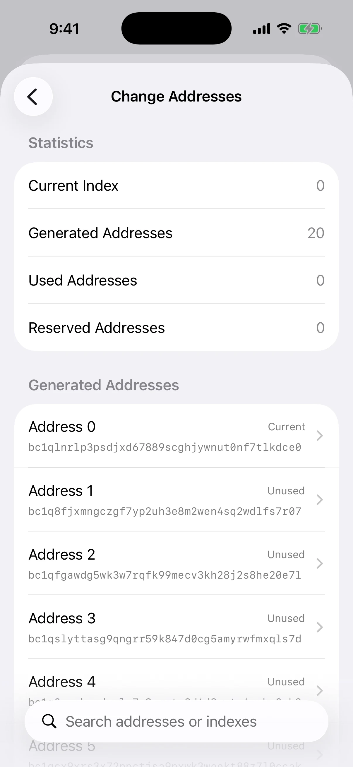 A separate BIP84 change-address window Real Oath Change Addresses screen in the iOS Simulator showing a separate pool of internal BIP84 change addresses