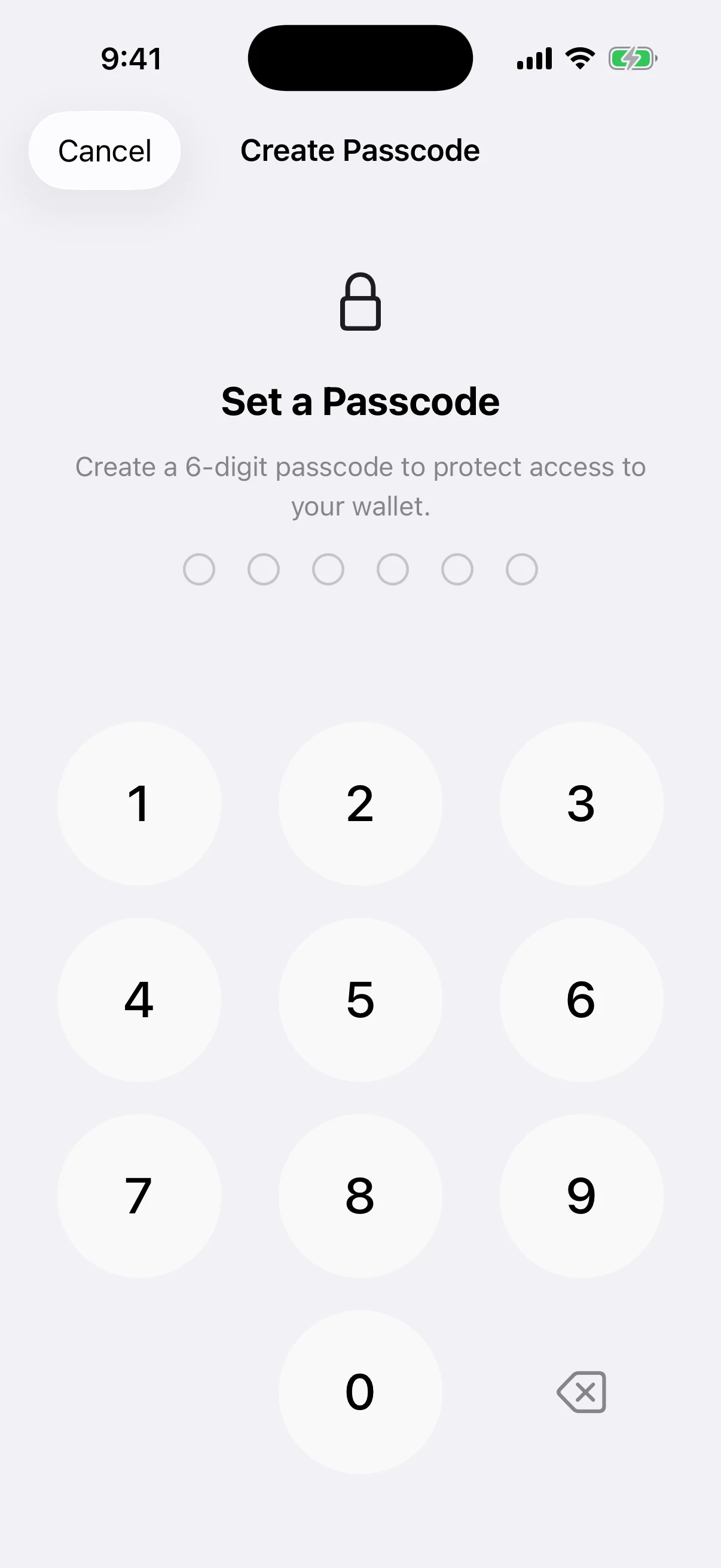 Create the six-digit Oath app passcode Real Oath Create Passcode screen in the iOS Simulator before any digit is entered