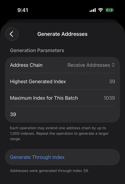 After generation: the highest generated index is 39. No Bitcoin transaction or payment was made. Oath confirms that receiving addresses were generated through index 39 and updates the batch ceiling to 1039.