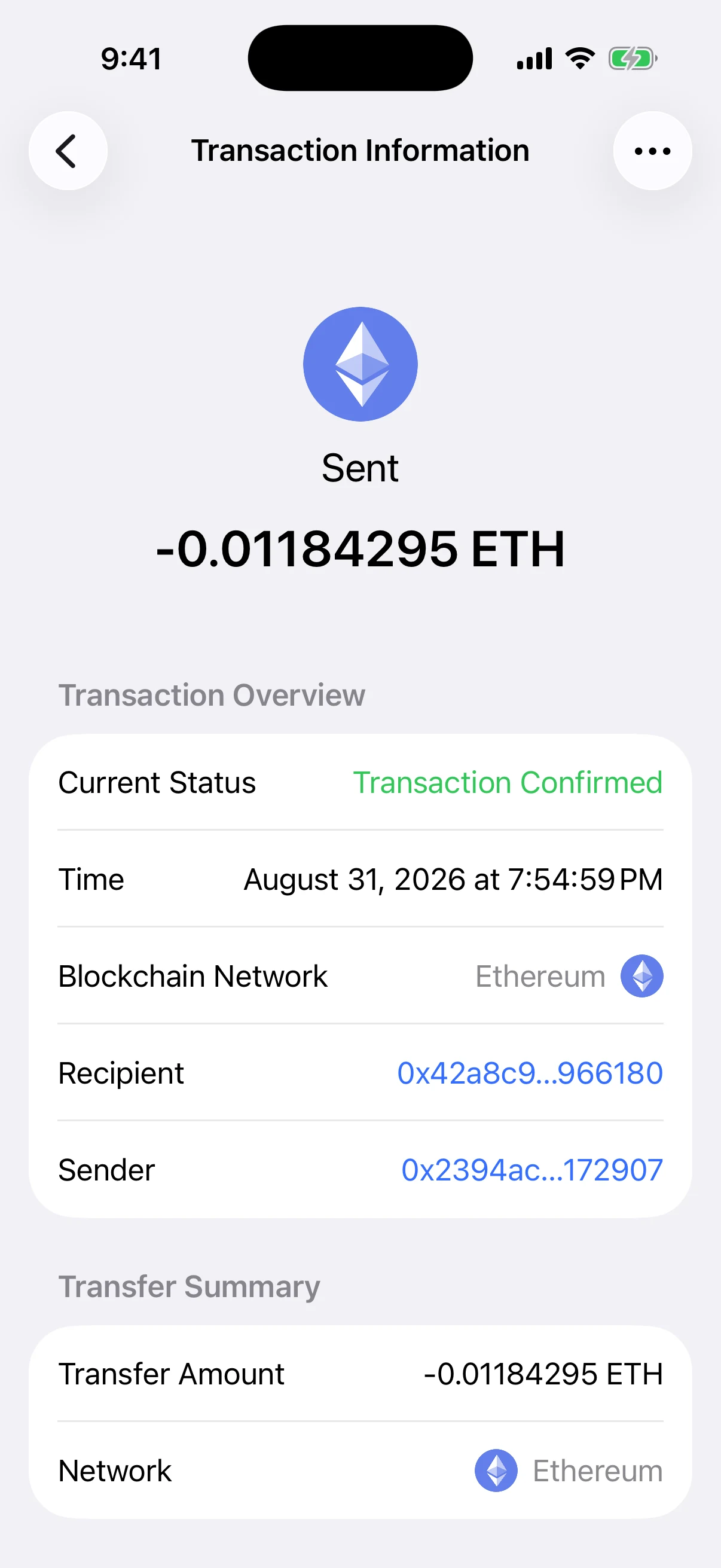 Read the confirmed status, time, network, and both transaction participants Real Oath Transaction Information screen showing confirmed status, timestamp, Ethereum network, recipient, sender, and transfer amount