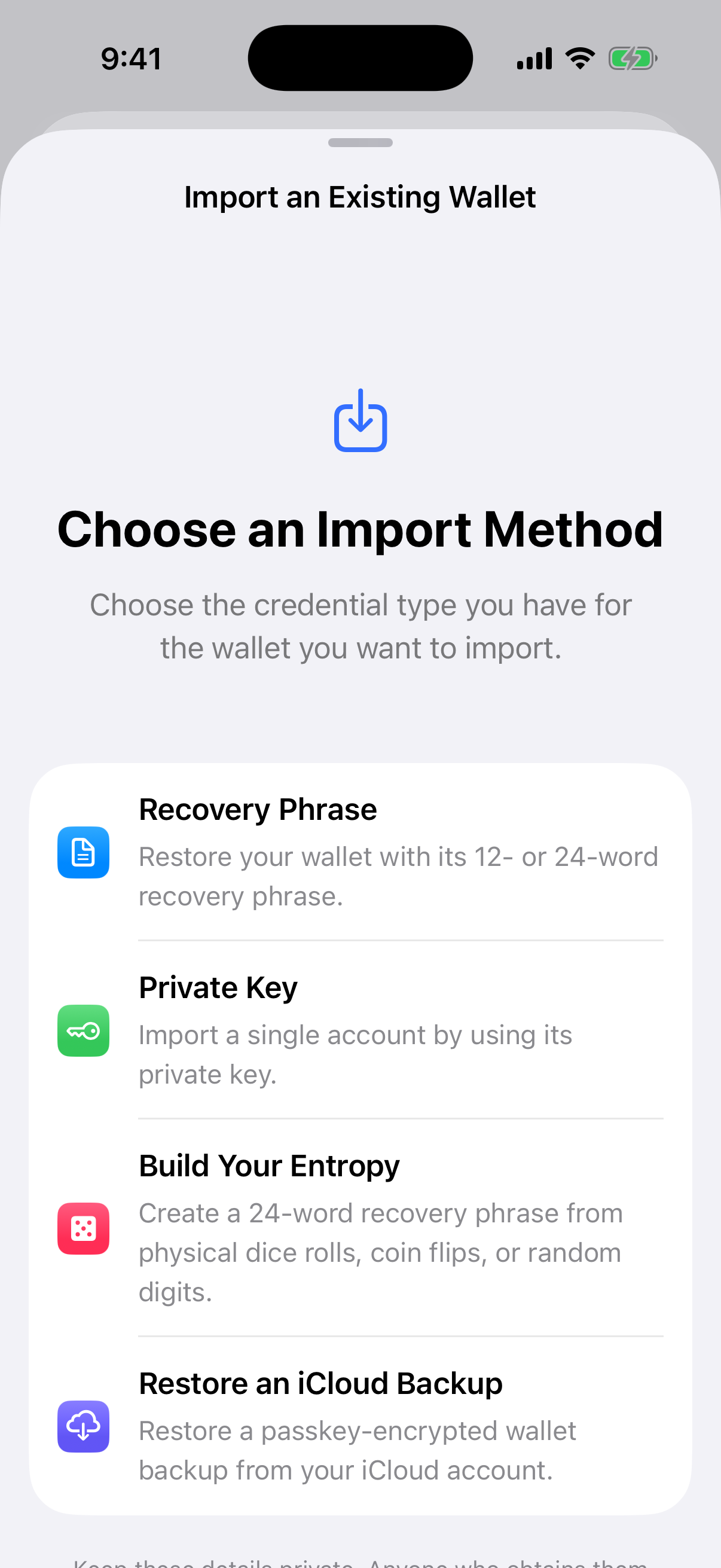 Oath’s real import and restore choices Oath Import an Existing Wallet screen showing recovery phrase and iCloud restore methods
