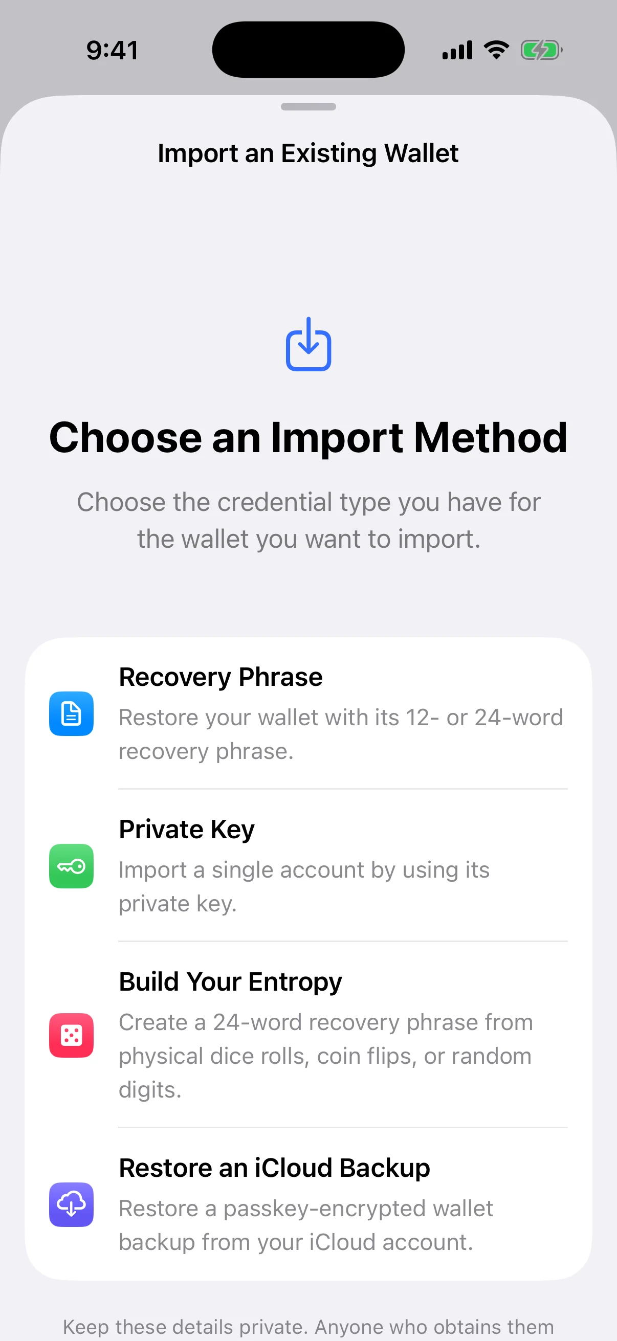 Import choices after Oath already contains a wallet Real Oath import screen on an existing wallet installation showing Recovery Phrase, Private Key, Build Your Entropy, and Restore an iCloud Backup