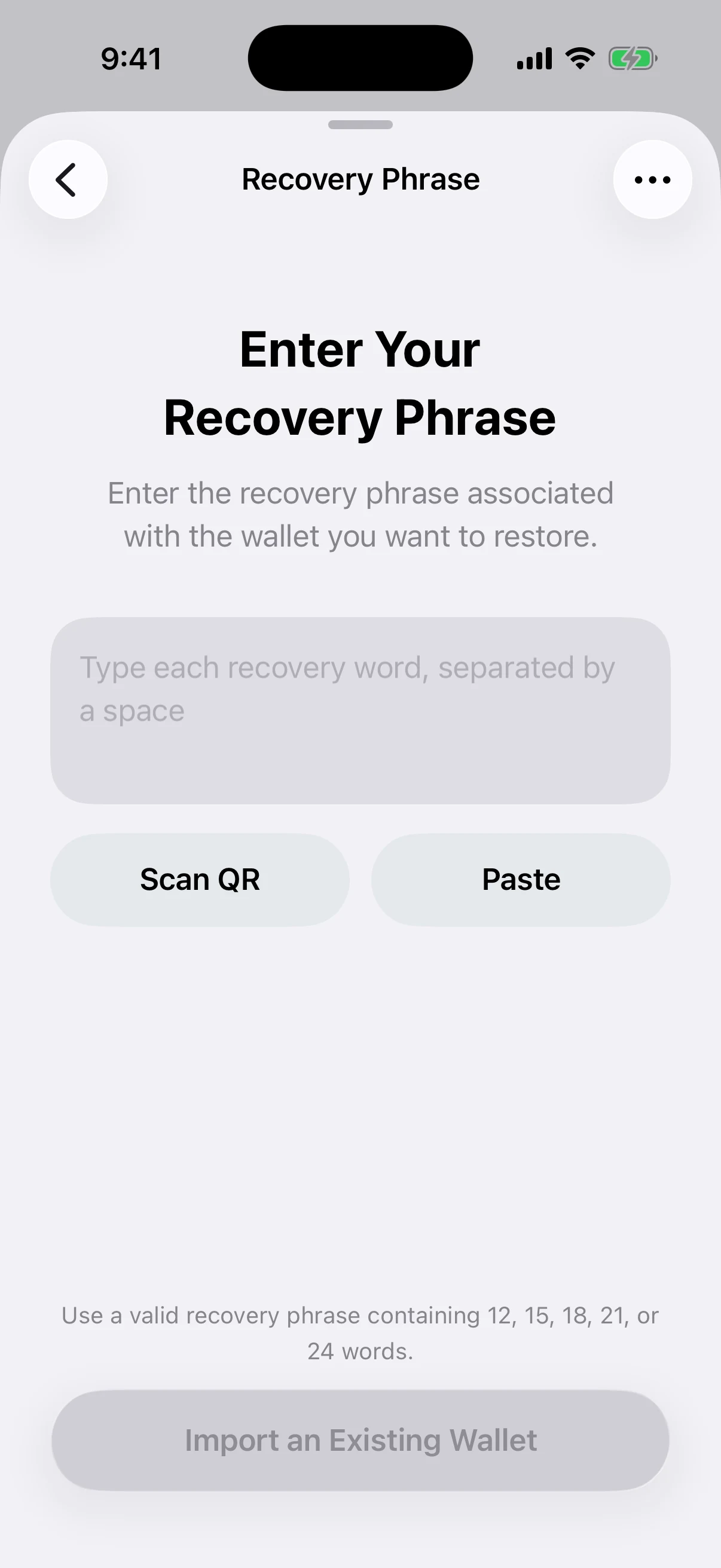 Oath’s real recovery-phrase import screen Real Oath Recovery Phrase import screen in the iOS Simulator with empty secure entry, Scan QR, Paste, and BIP-39 tools