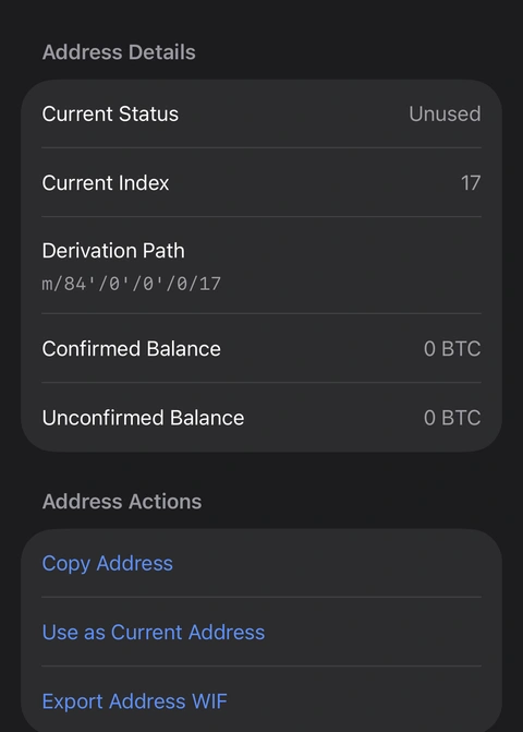 Index 17 is unused. Its full path identifies the account, receiving branch, and address index. The address and QR above this section are excluded. Cropped Oath address details for Native SegWit receive index 17, with its derivation path and Use as Current Address action.