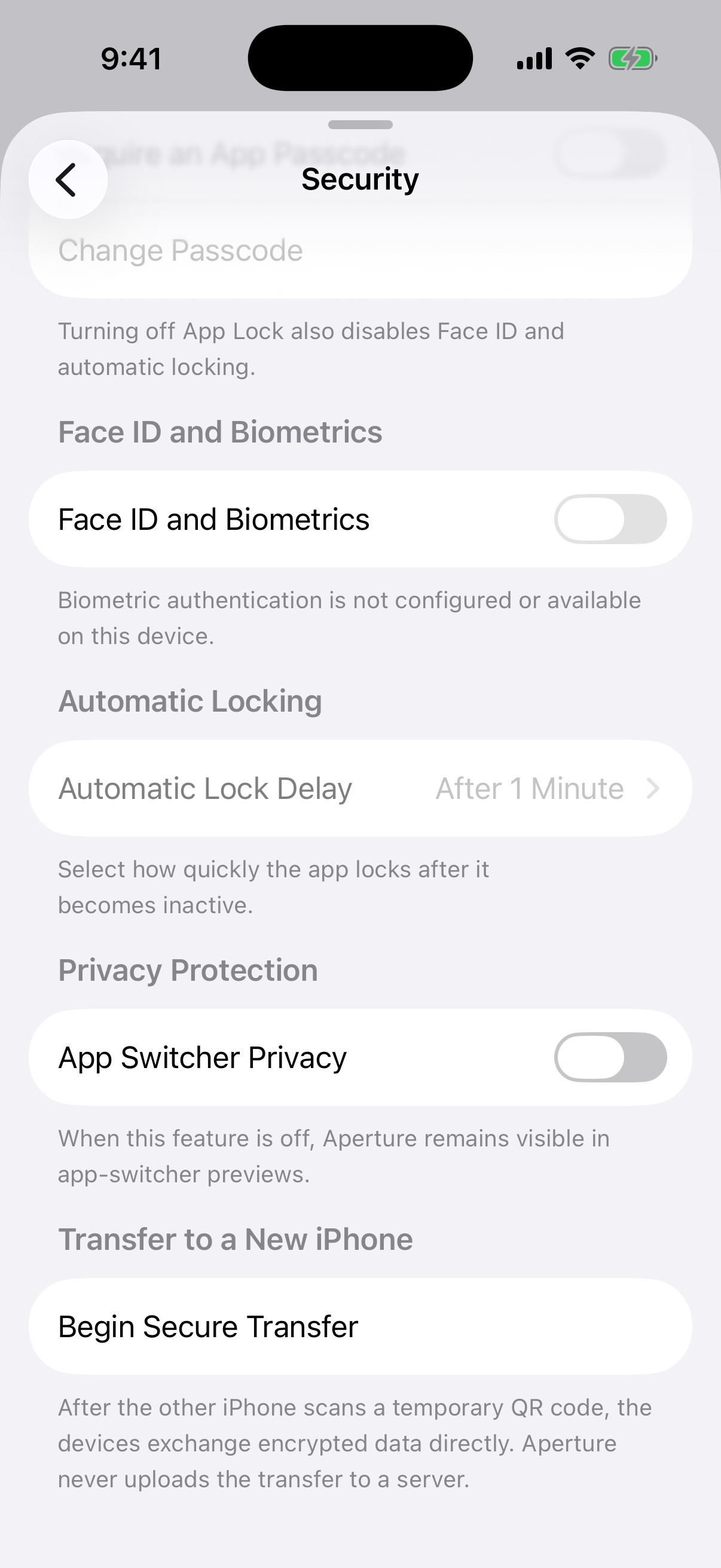 The real source-iPhone transfer entry point Oath Security settings showing the Transfer to a New iPhone section and Begin Secure Transfer action