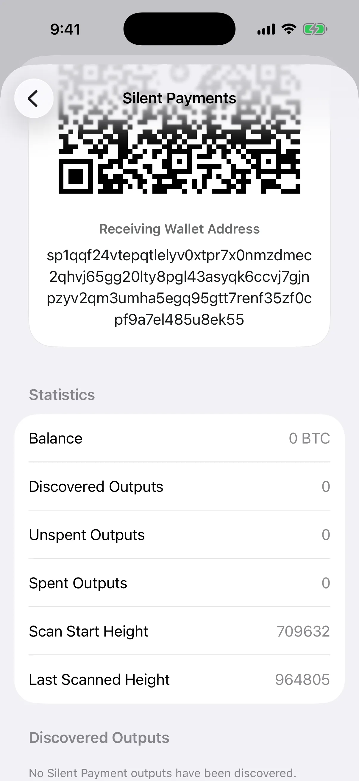 Real Oath Silent Payments statistics in the iOS Simulator showing discovered outputs and the mainnet scan-height range for an empty wallet