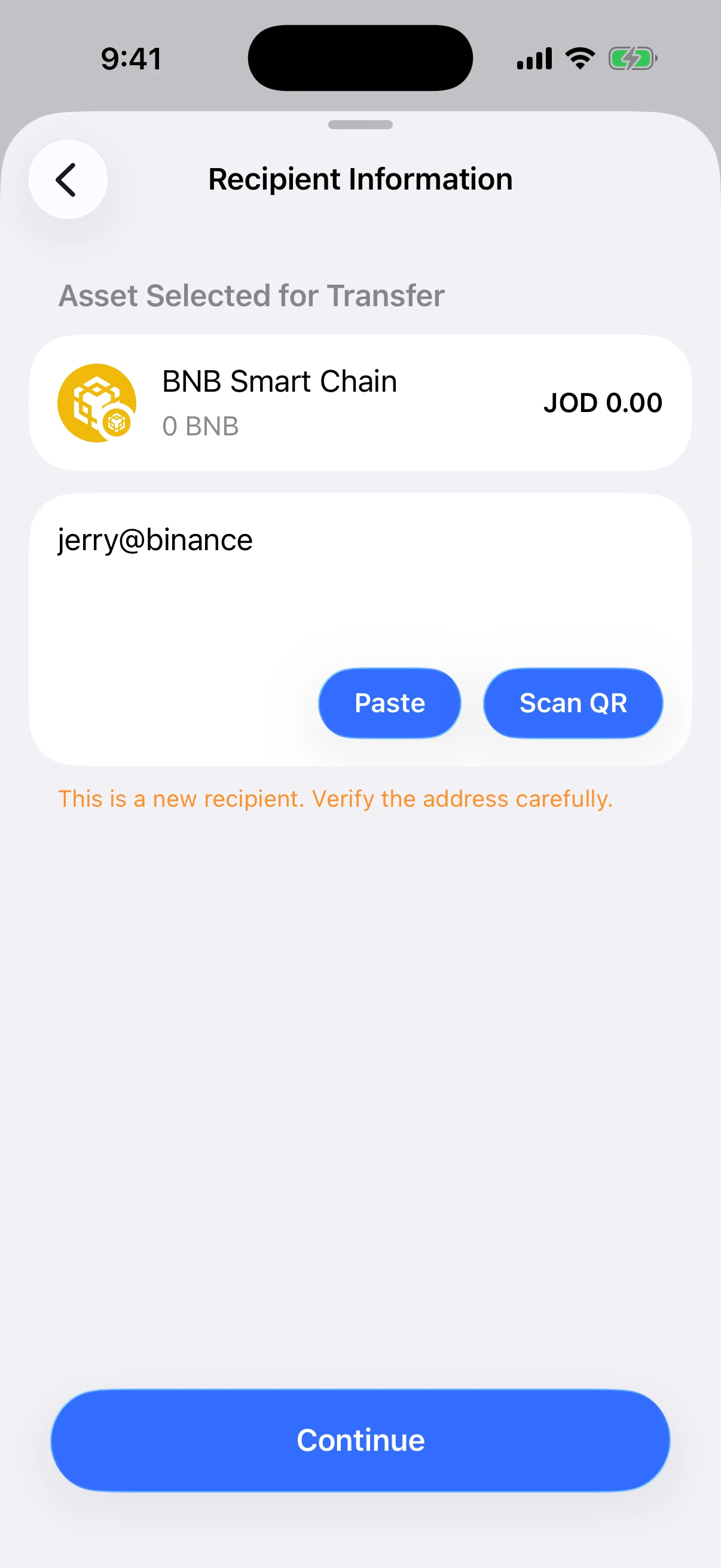Resolve a real payment ID for BNB Smart Chain Real Oath iOS Simulator screen showing the public example payment ID jerry at binance resolved for BNB Smart Chain