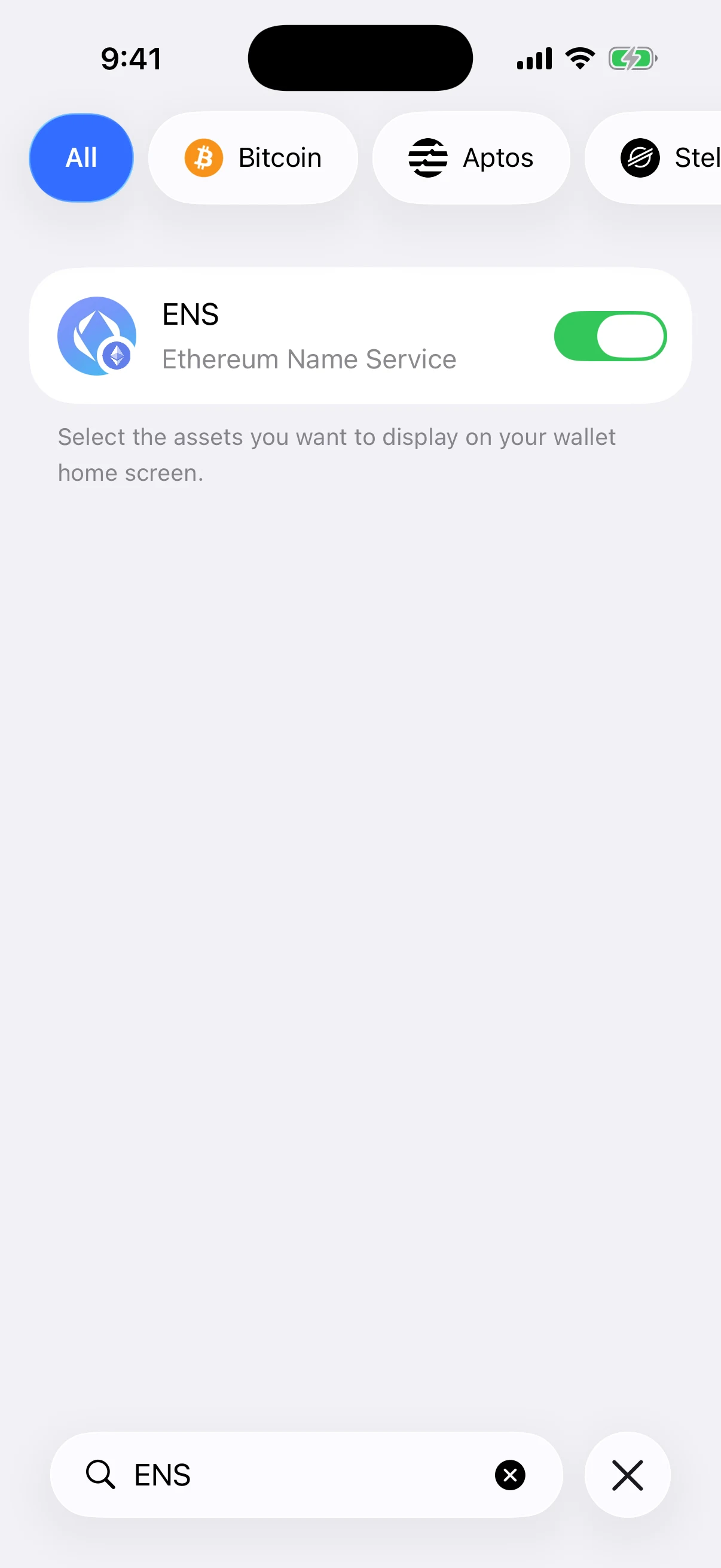 The verified ENS token enabled in Manage Your Assets Real Oath Manage Your Assets search result showing Ethereum Name Service enabled after the verified contract was added