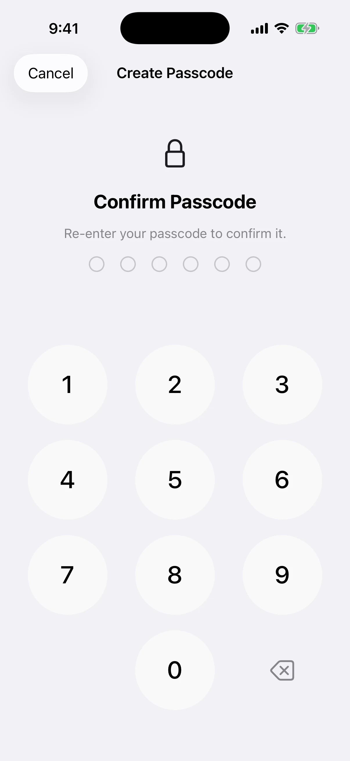 Confirm the new Oath app passcode Real Oath Confirm Passcode screen in the iOS Simulator before any confirmation digit is entered