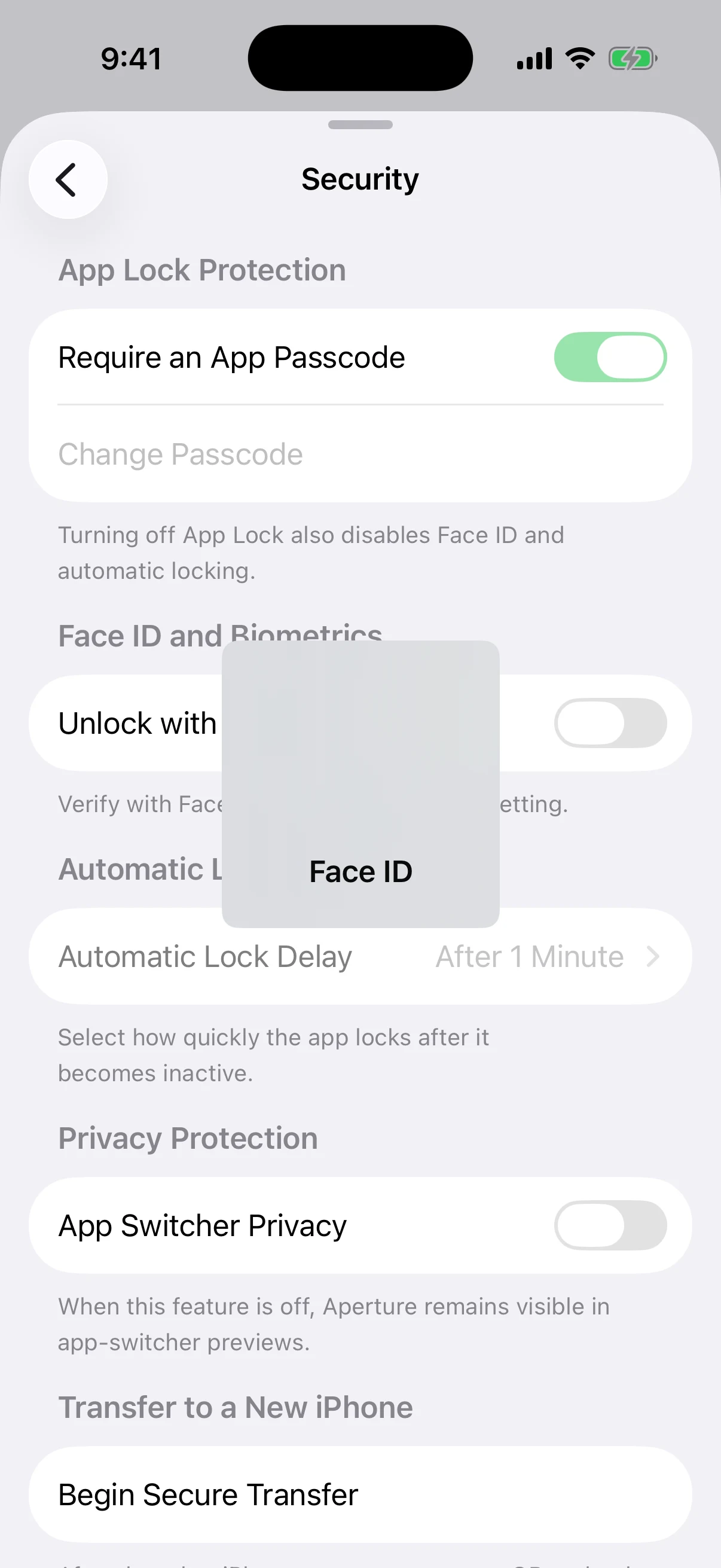 Verify with Face ID before enabling biometric unlock Real iOS Face ID verification over Oath Security settings while biometric unlock is being enabled