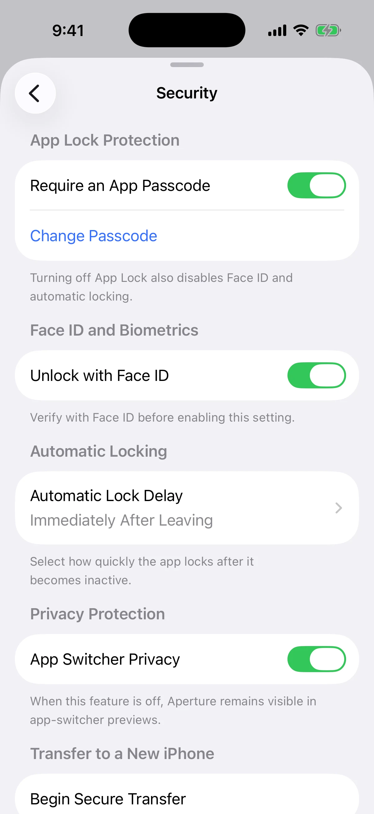 The complete layered configuration in Oath Security settings Real Oath Security settings with App Passcode, Face ID, immediate automatic locking, and App Switcher Privacy enabled