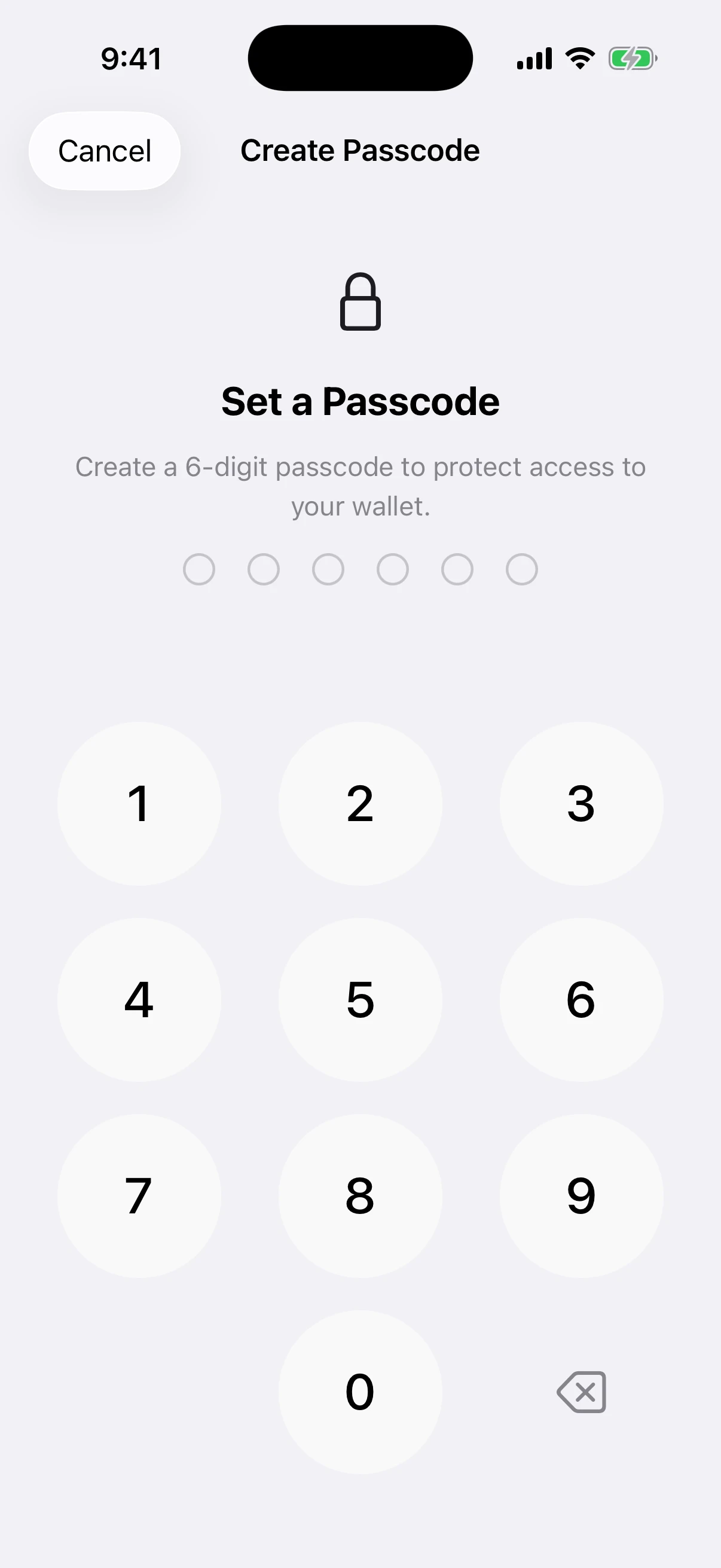 Create an App Lock passcode without exposing wallet material Real Oath App Lock setup screen in the iOS Simulator before any passcode digit is entered
