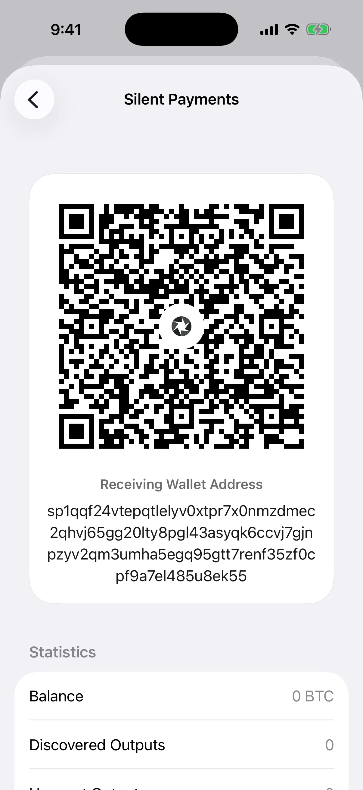 Real Oath Silent Payments account screen in the iOS Simulator showing its reusable payment instruction and beginning statistics