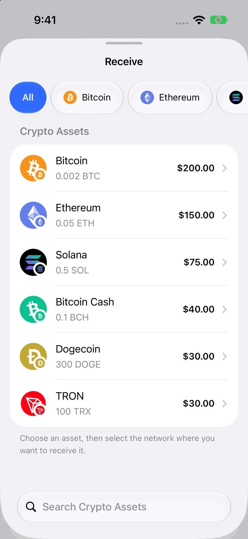 Oath Receive asset selector with network filter chips beneath the title.