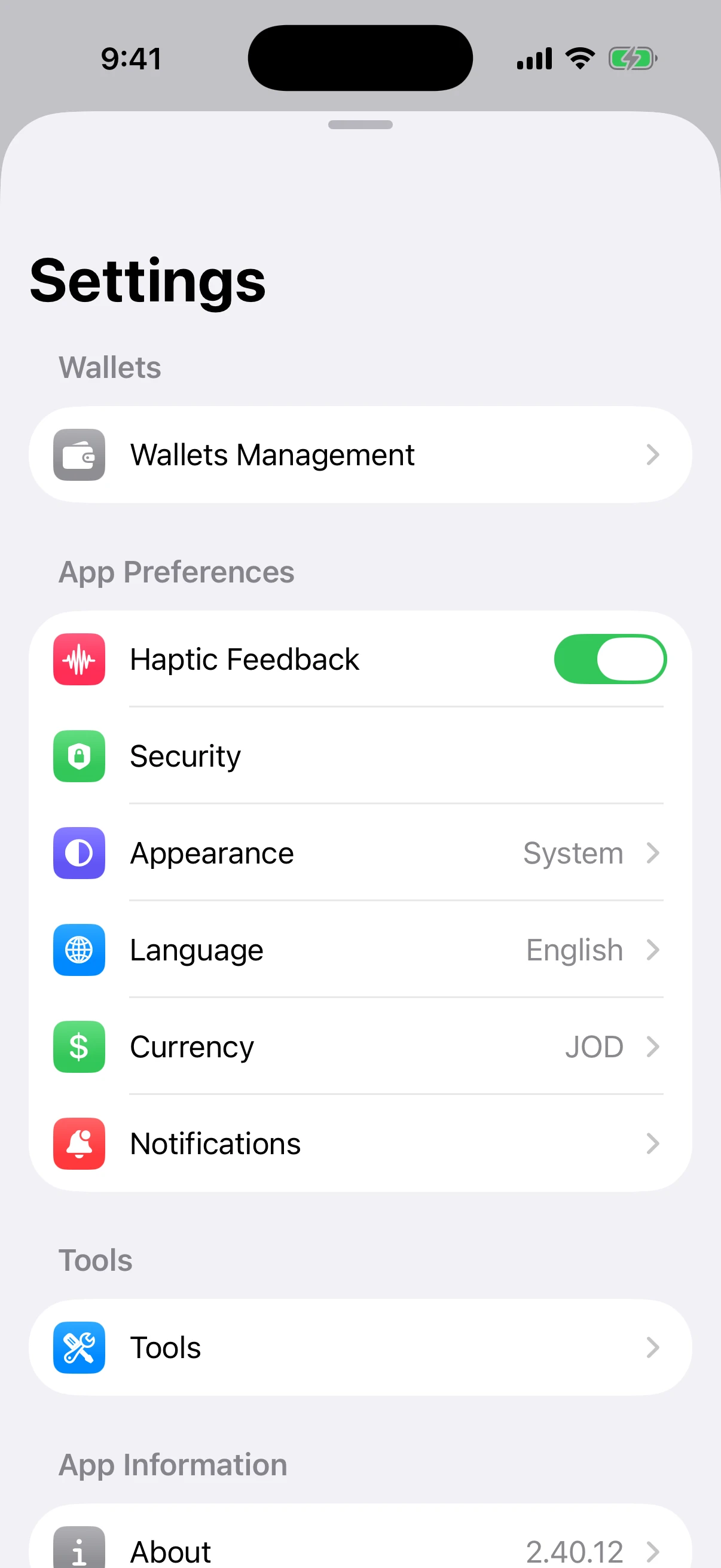 Security and wallet management are first-class settings Real Oath Settings screen in the iOS Simulator with Wallets Management and Security destinations