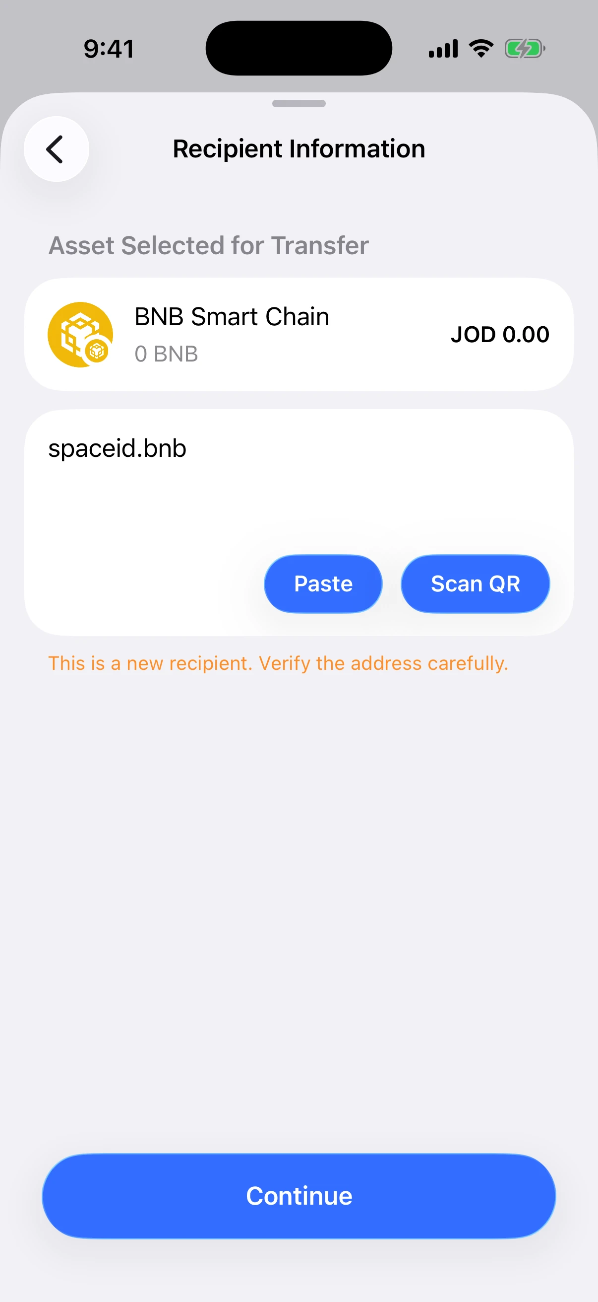 Resolve a real SPACE ID .bnb domain in Oath Real Oath iOS Simulator screen showing spaceid.bnb successfully resolved for a BNB Smart Chain transfer