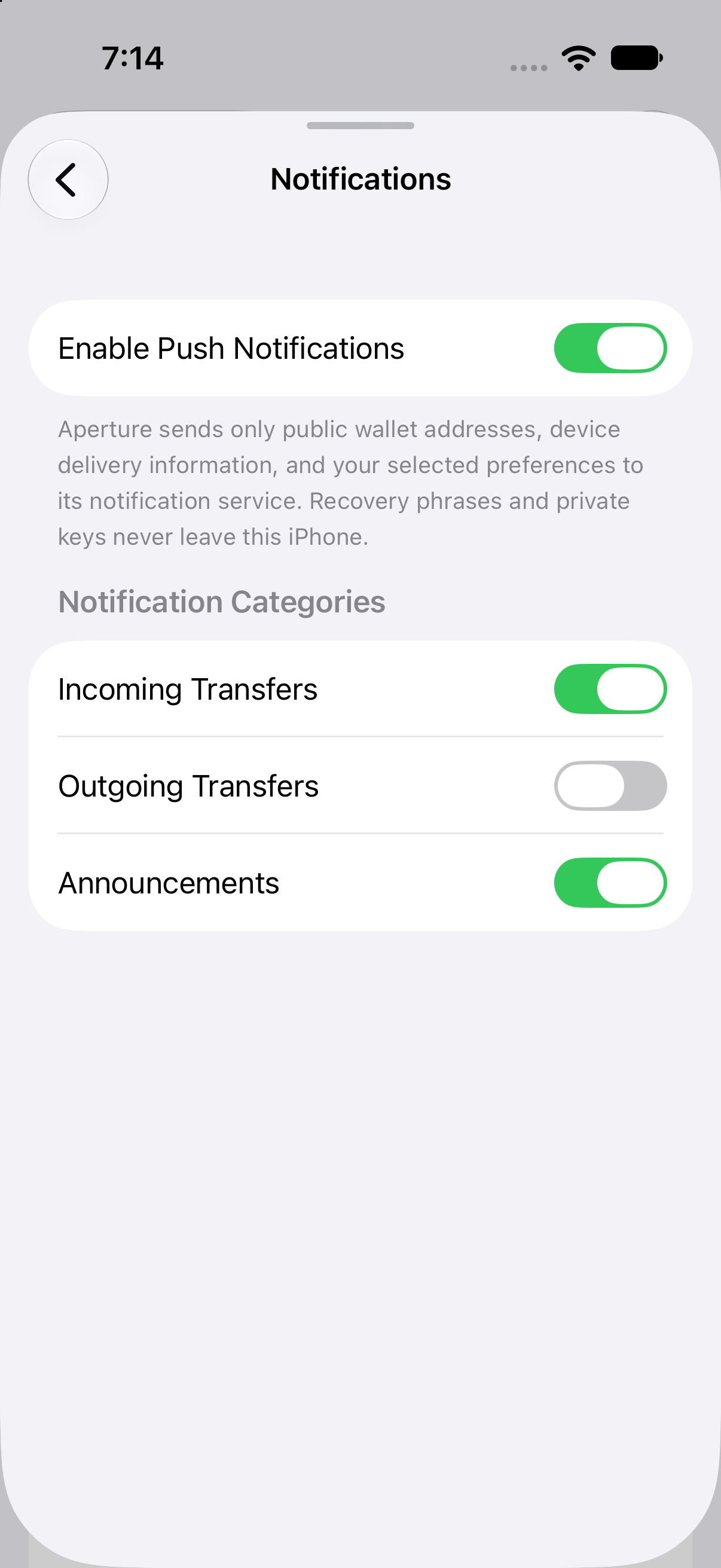 Notification preferences in Oath 3.5.4 (55). These are the demonstration wallet’s current selections, not a recommendation or a statement of default settings. Oath notification settings with master, incoming transfer, outgoing transfer, and announcement switches, plus a privacy explanation.