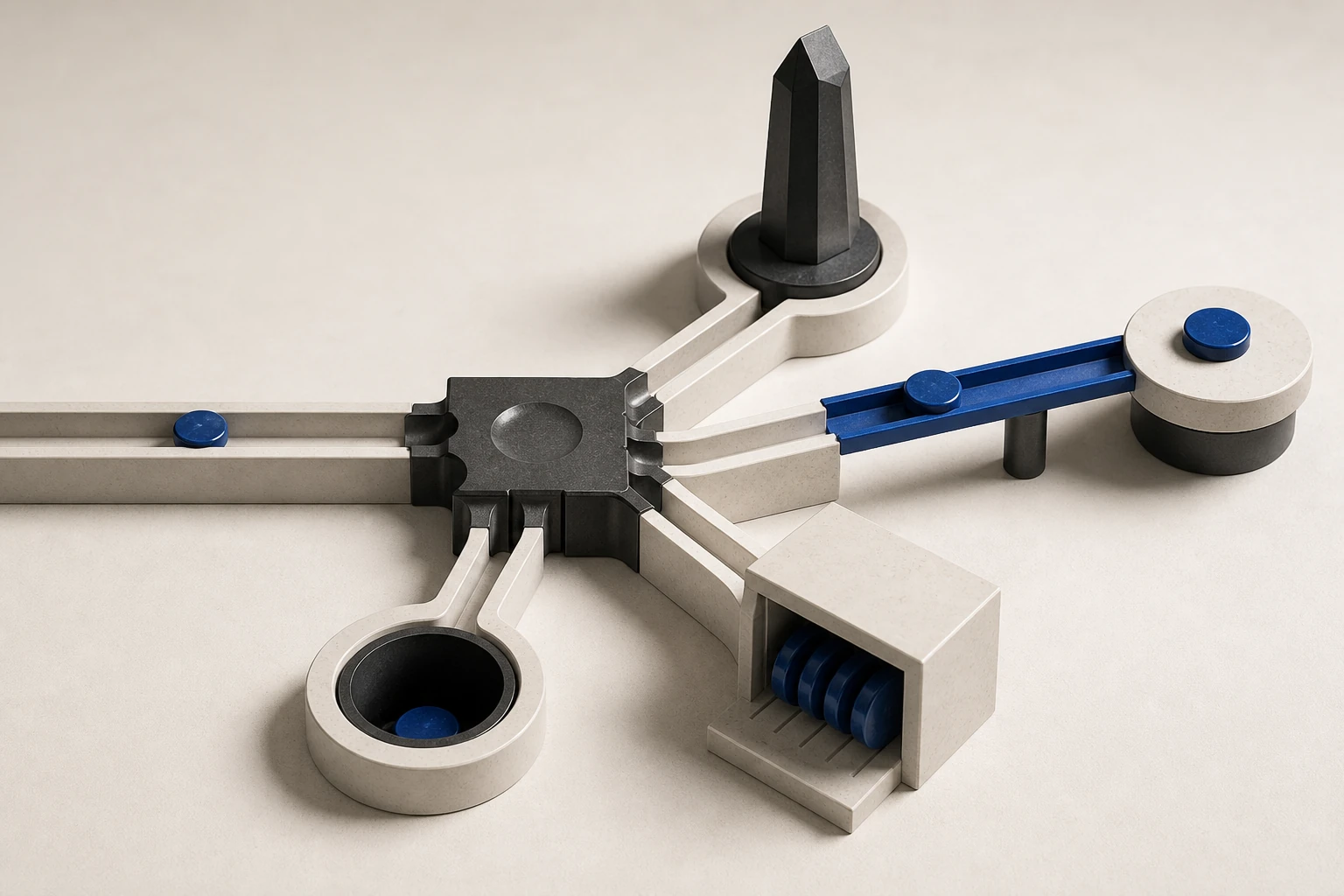 Editorial still life of a physical routing machine dividing one blue value token among a validator tower, burn Oath, storage vault, and settlement rail