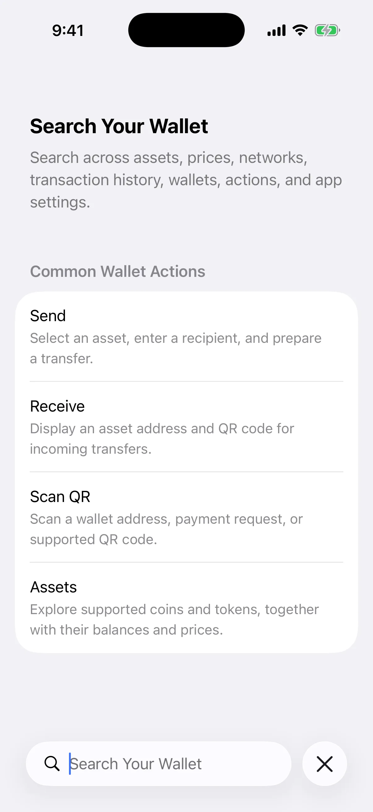 Universal Search before the first character Real Oath Universal Search start screen in the iOS Simulator showing Send, Receive, Scan QR, and Assets suggestions