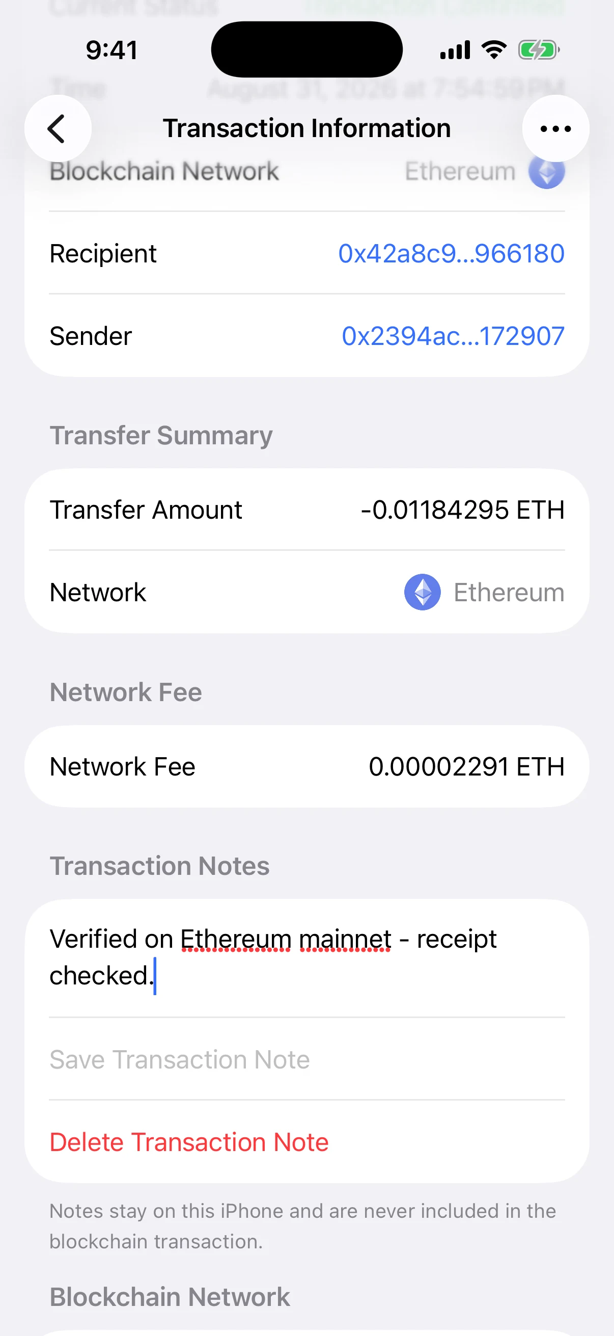 Save a useful note locally without putting it on-chain Real Oath transaction screen showing a saved device-local mainnet verification note and its delete action