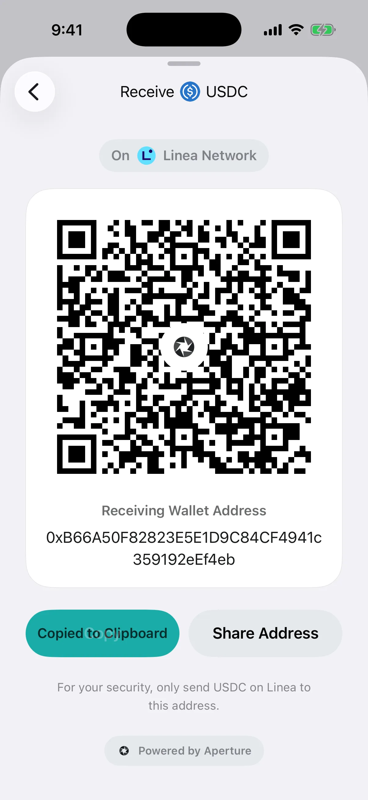 Copy the complete public address instead of retyping it Real Oath USDC receive card in the iOS Simulator confirming the address was copied to the clipboard