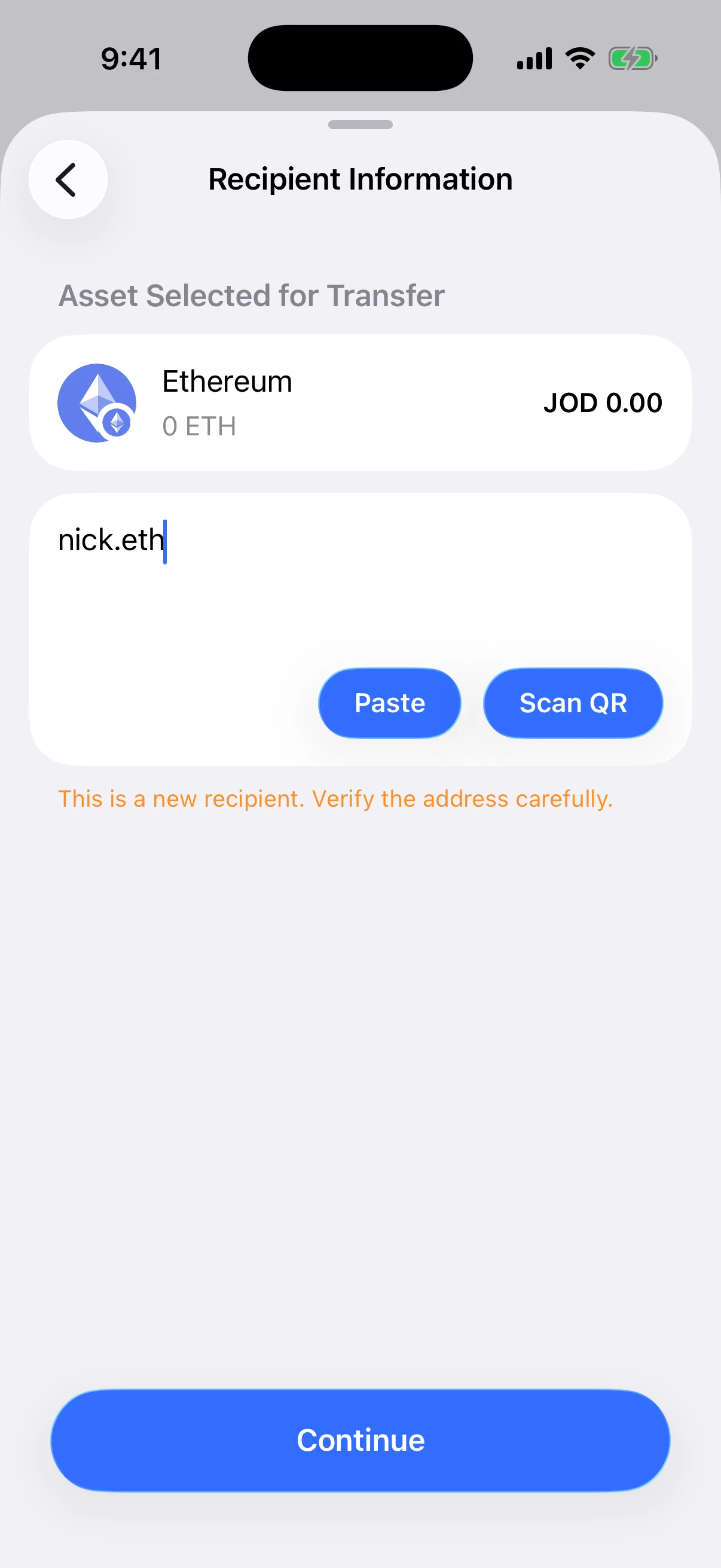Resolve a real ENS name for Ethereum in Oath Real Oath iOS Simulator screen showing nick.eth successfully resolved for an Ethereum transfer with Continue enabled