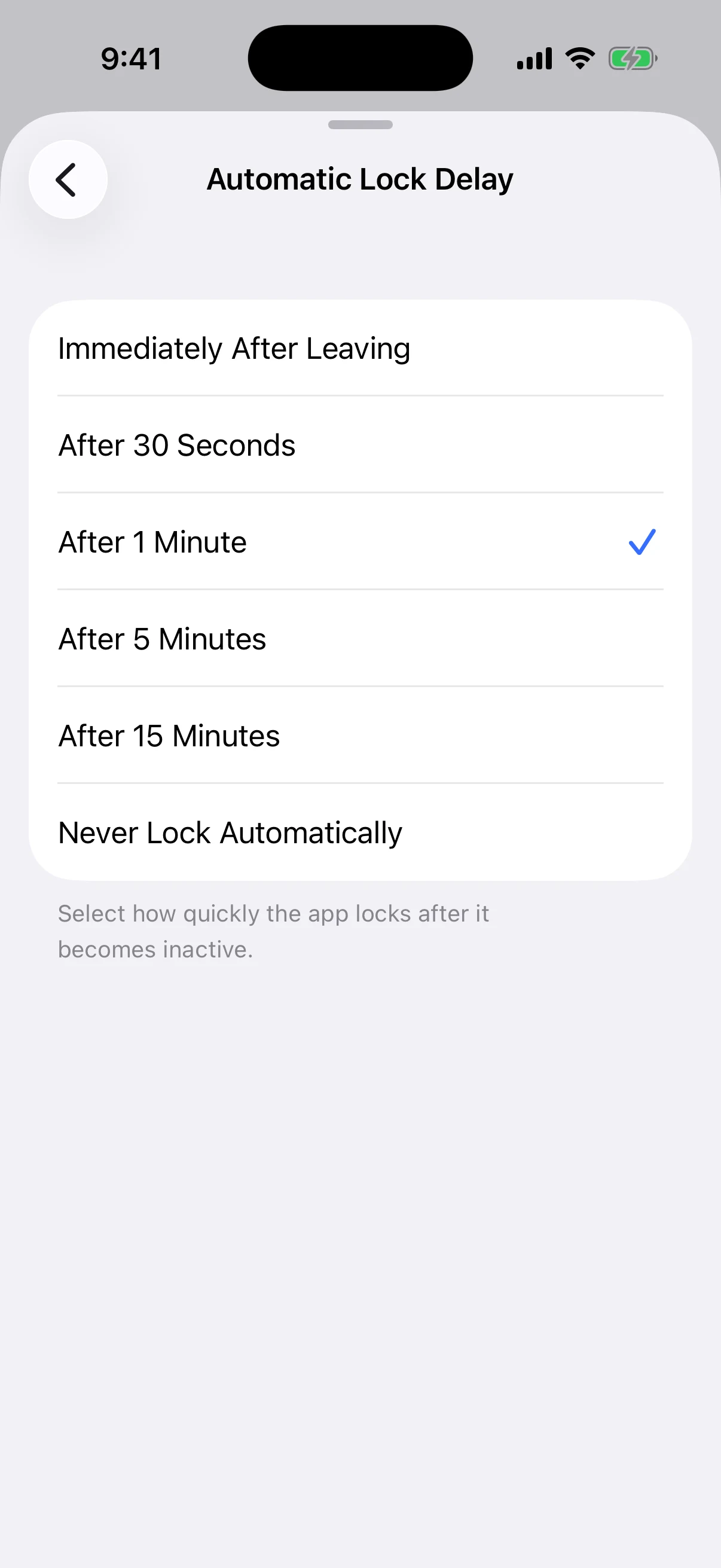 All production automatic-lock timing choices Real Oath Automatic Lock Delay screen listing immediate, timed, and never-lock choices