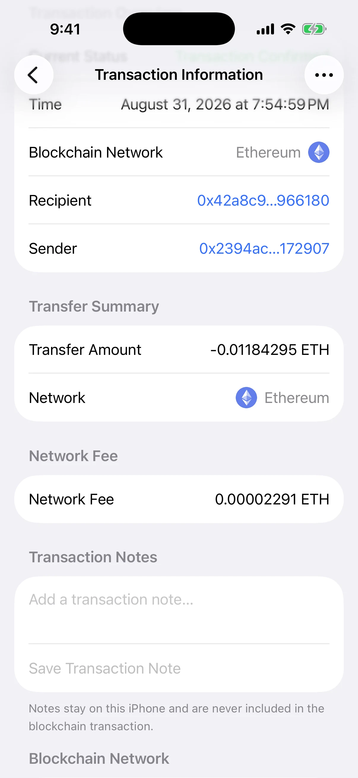 Compare the transfer amount with the separate network fee and local-note boundary Real Oath transaction screen showing the transfer amount, separate Ethereum network fee, empty local-note field, and on-device note disclosure