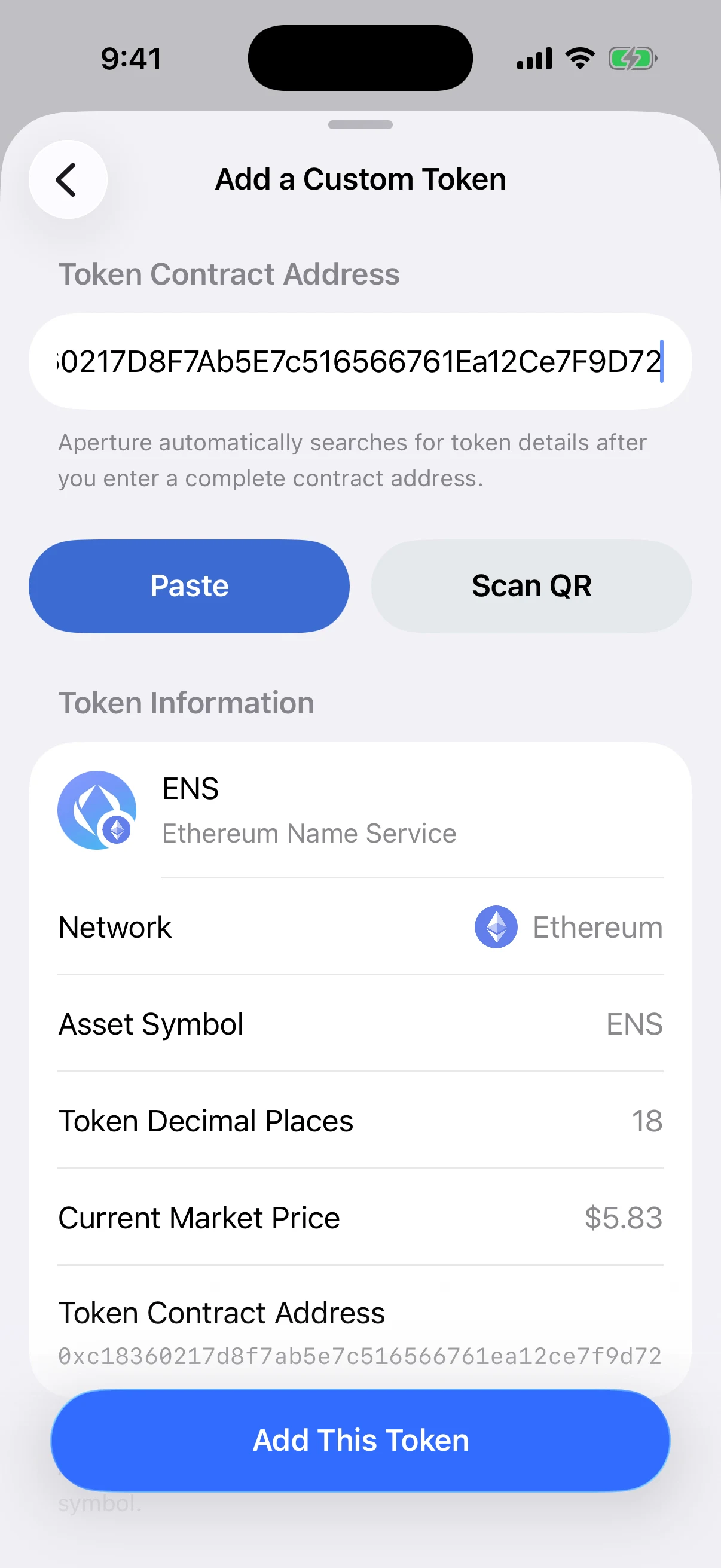 Review the chain-scoped token information before adding Real Oath token review showing the ENS name, symbol, Ethereum network, 18 decimal places, market price, and normalized contract address