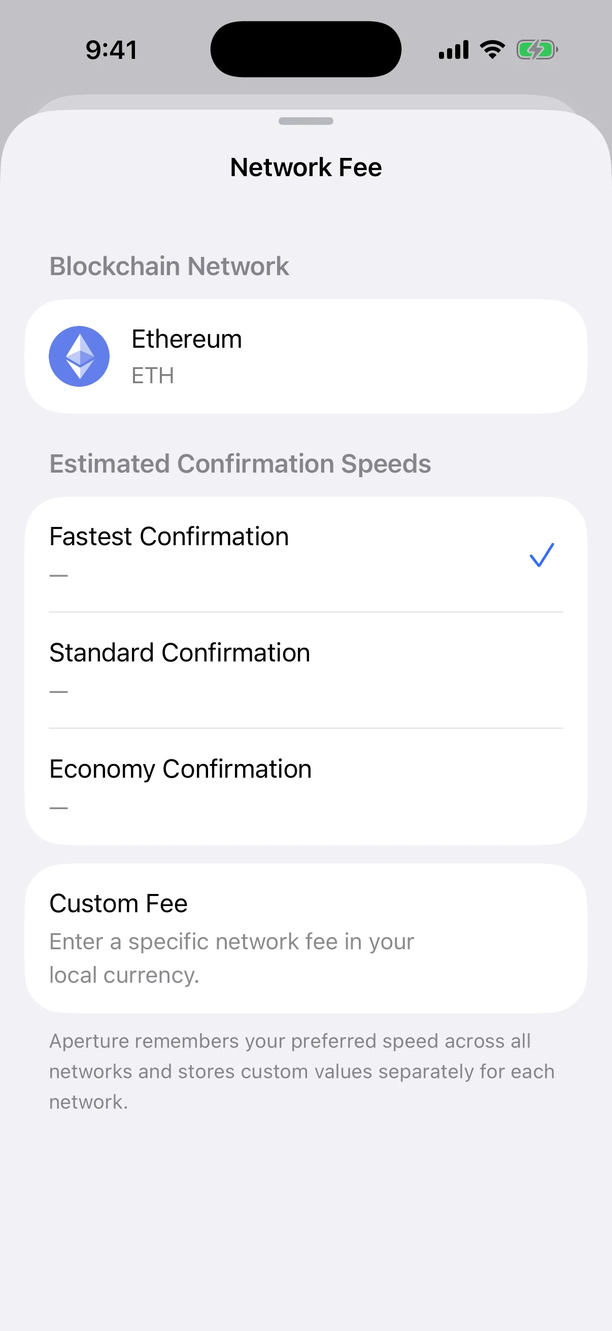 The real Oath network-fee choices Oath Network Fee screen showing Fastest, Standard, Economy, and Custom fee choices for Ethereum