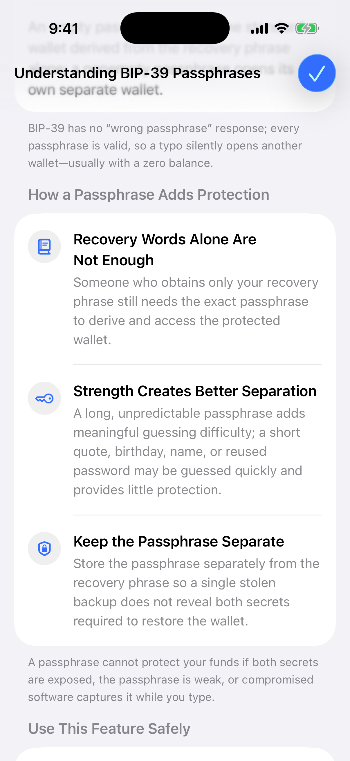 Oath BIP-39 guide explaining strong passphrases and separate backups