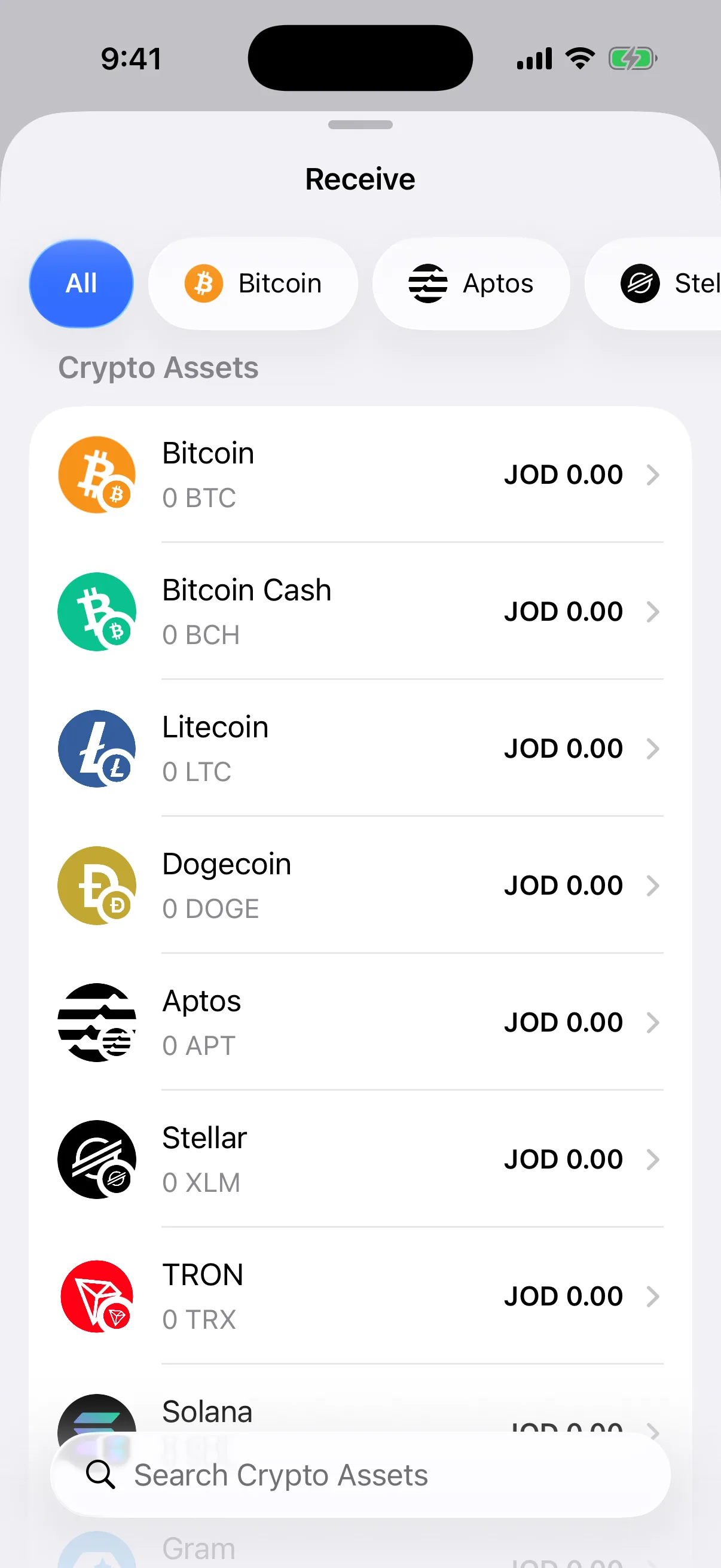 Choose the asset and receiving network Real Oath Receive asset picker in the iOS Simulator with network filters, asset balances, and search