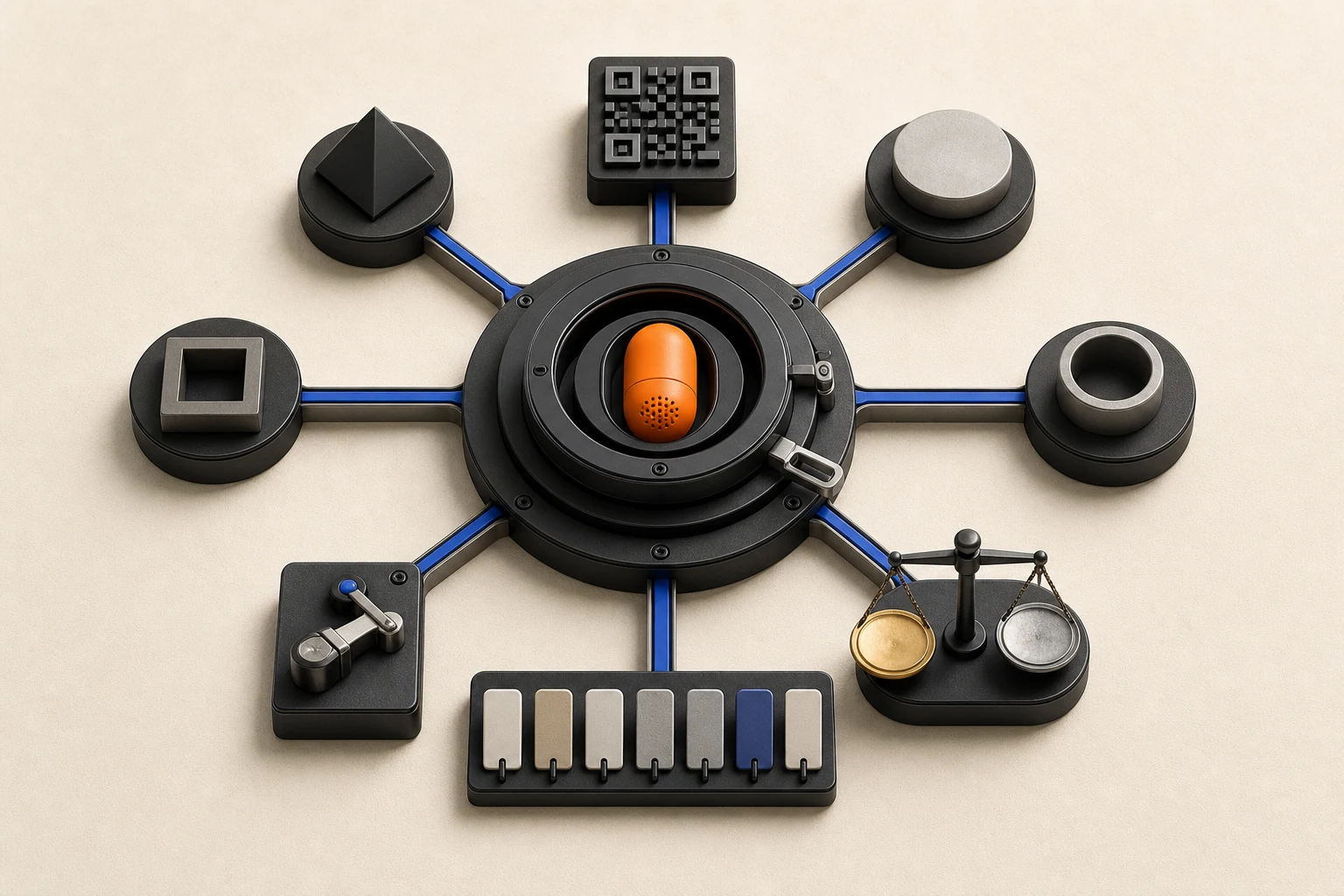 Editorial still life of a modular graphite security hub connecting privacy, Bitcoin, sending, QR, conversion, and language tools