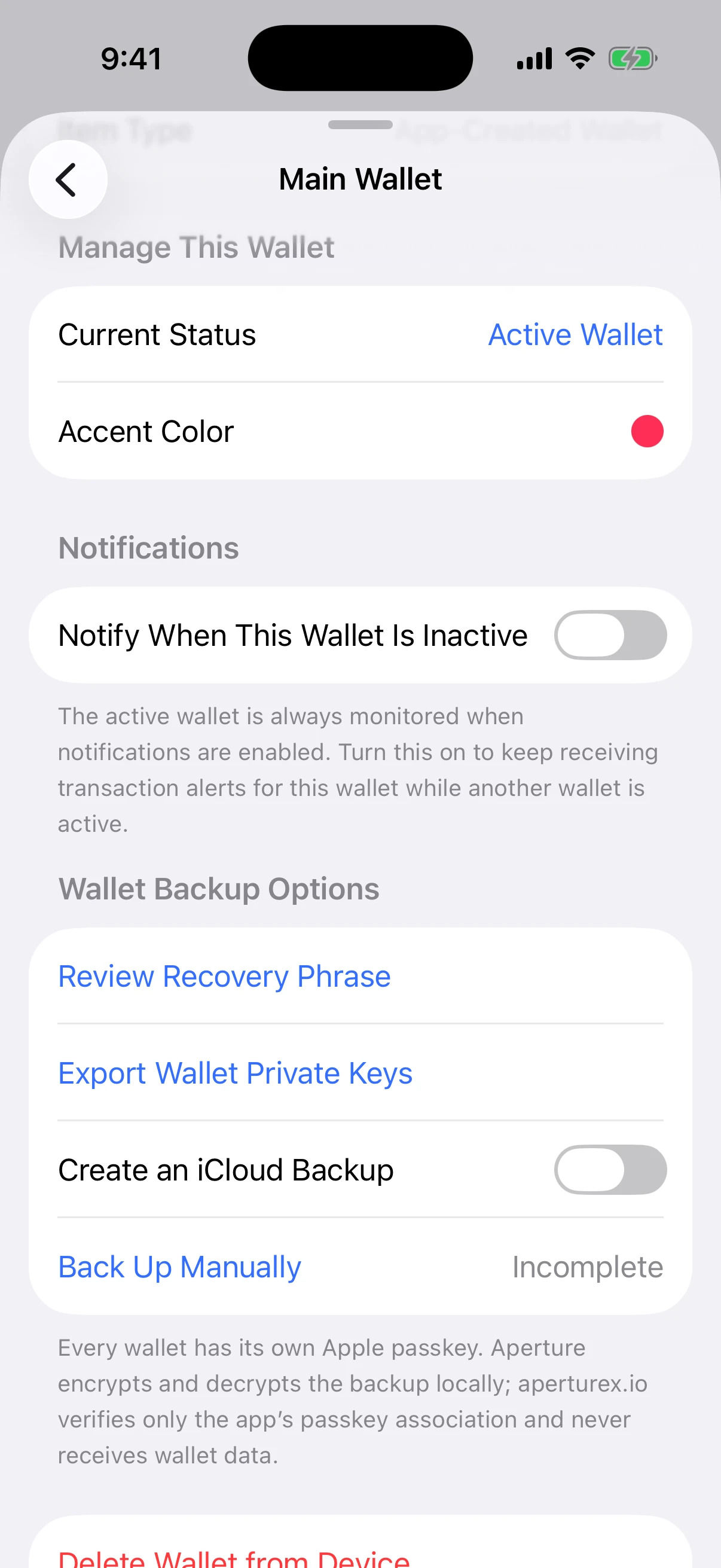 The optional iCloud boundary is explained in the wallet itself Real Oath wallet backup options explaining that every wallet has its own Apple passkey and backup encryption happens locally