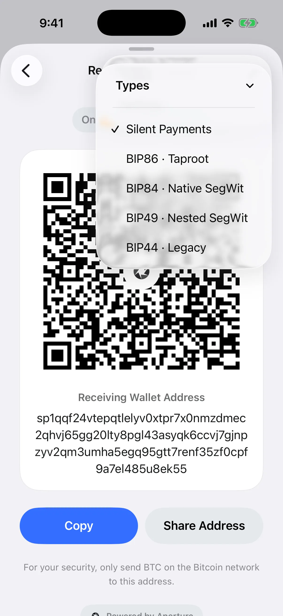 Real Oath Bitcoin address type menu in the iOS Simulator with Silent Payments selected above BIP86, BIP84, BIP49, and BIP44