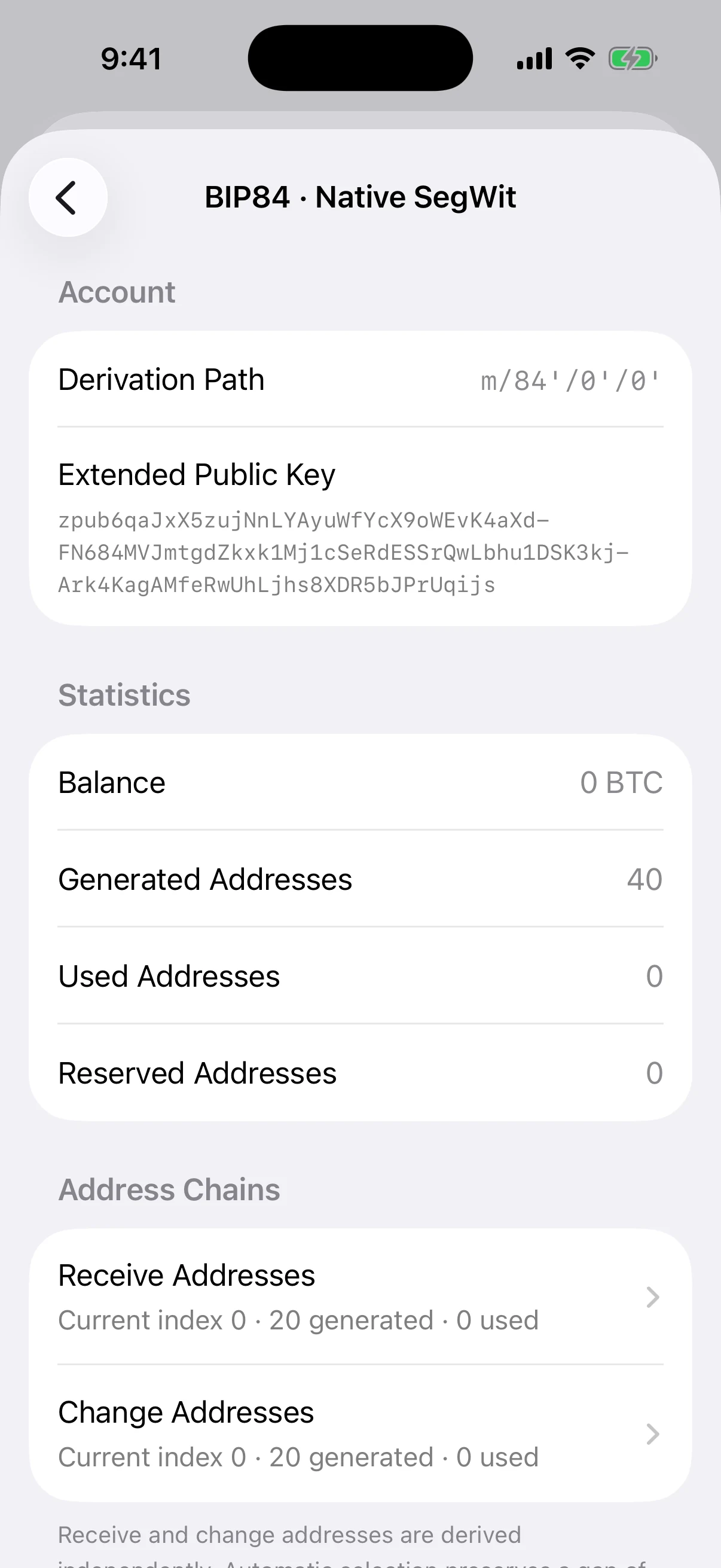 The BIP84 account and its two public child chains Real Oath BIP84 account details in the iOS Simulator showing its account path, public descriptor, and separate receive and change chains